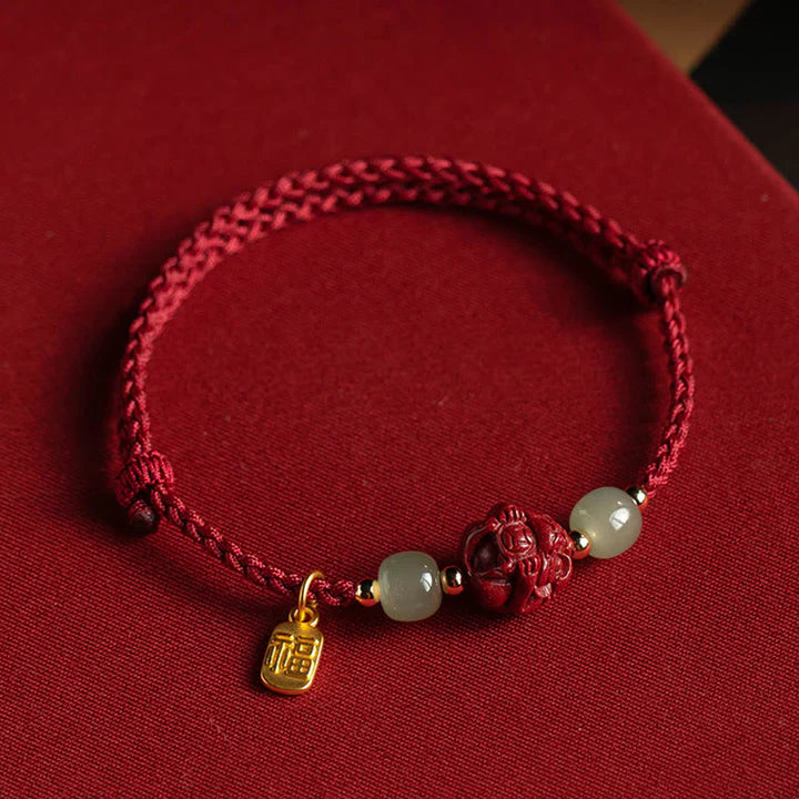 Natural Cinnabar Chinese Zodiac Hetian Jade Fu Character Luck Rope Bracelet