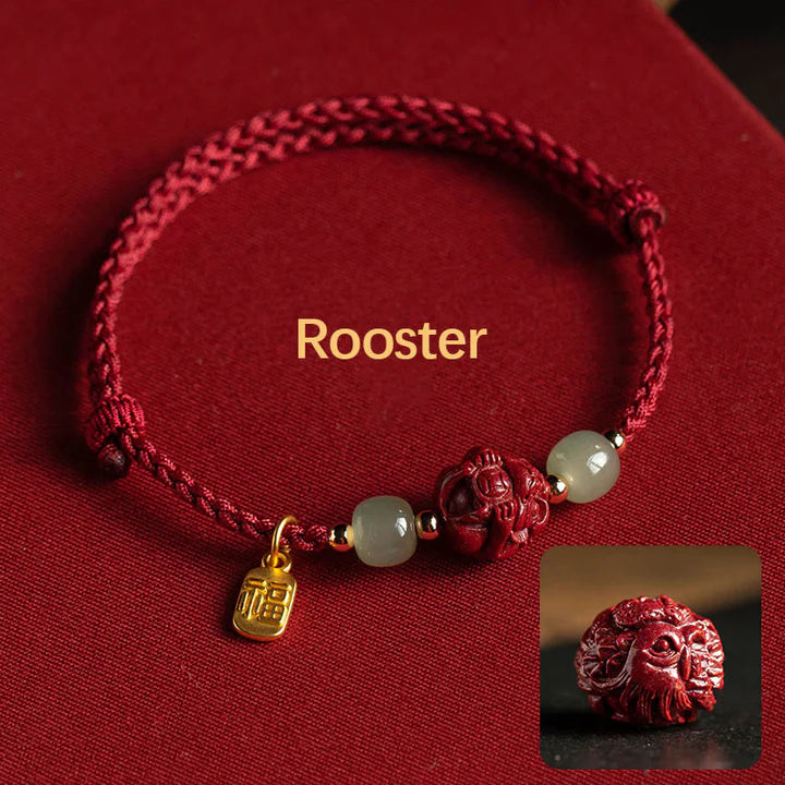 Natural Cinnabar Chinese Zodiac Hetian Jade Fu Character Luck Rope Bracelet