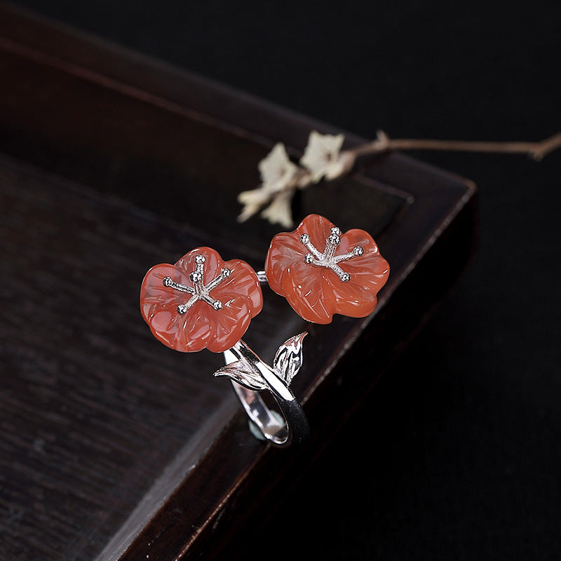 S925 sterling silver natural red agate plum blossom ring