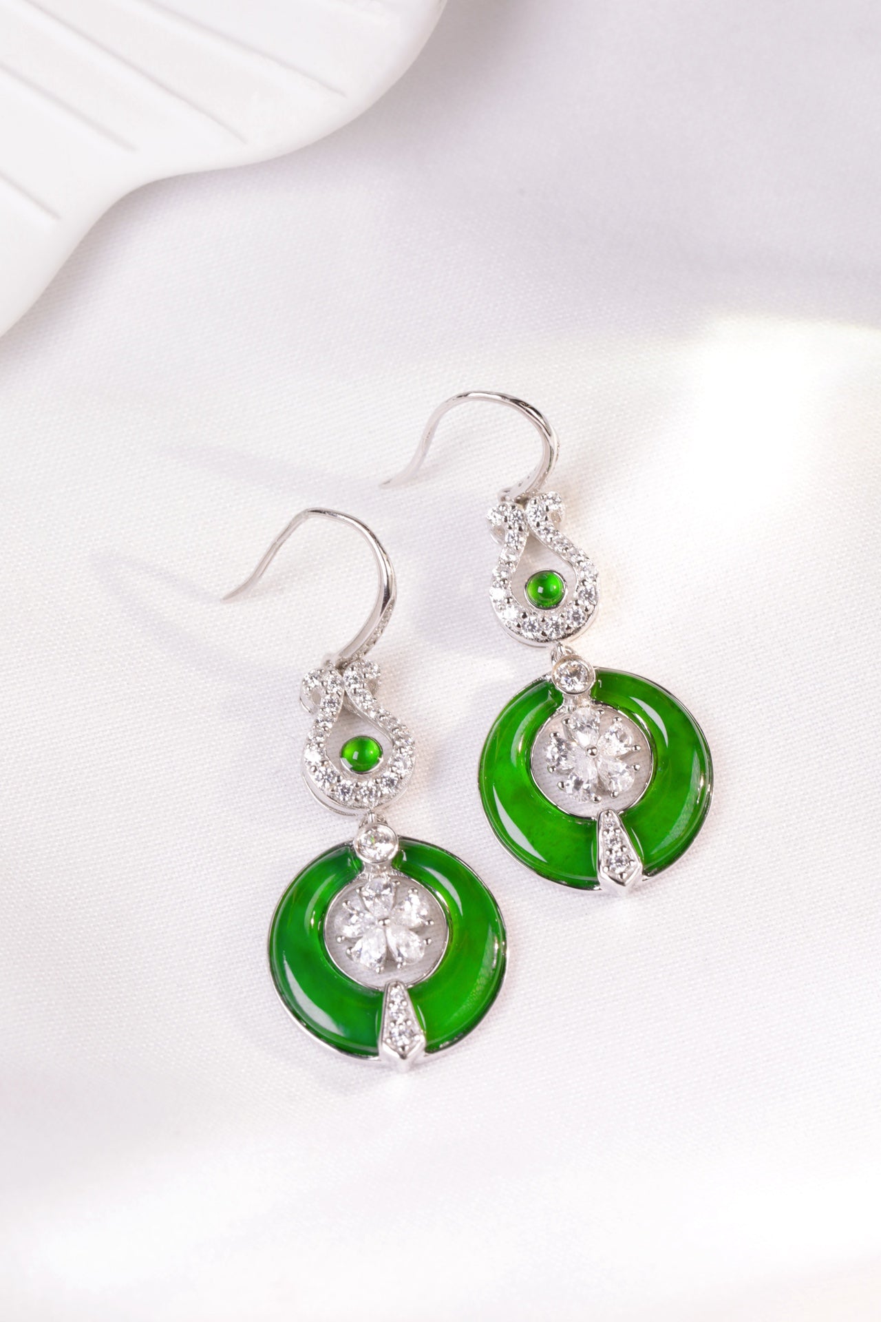 Round Jade Hoop Flower Drop Earrings