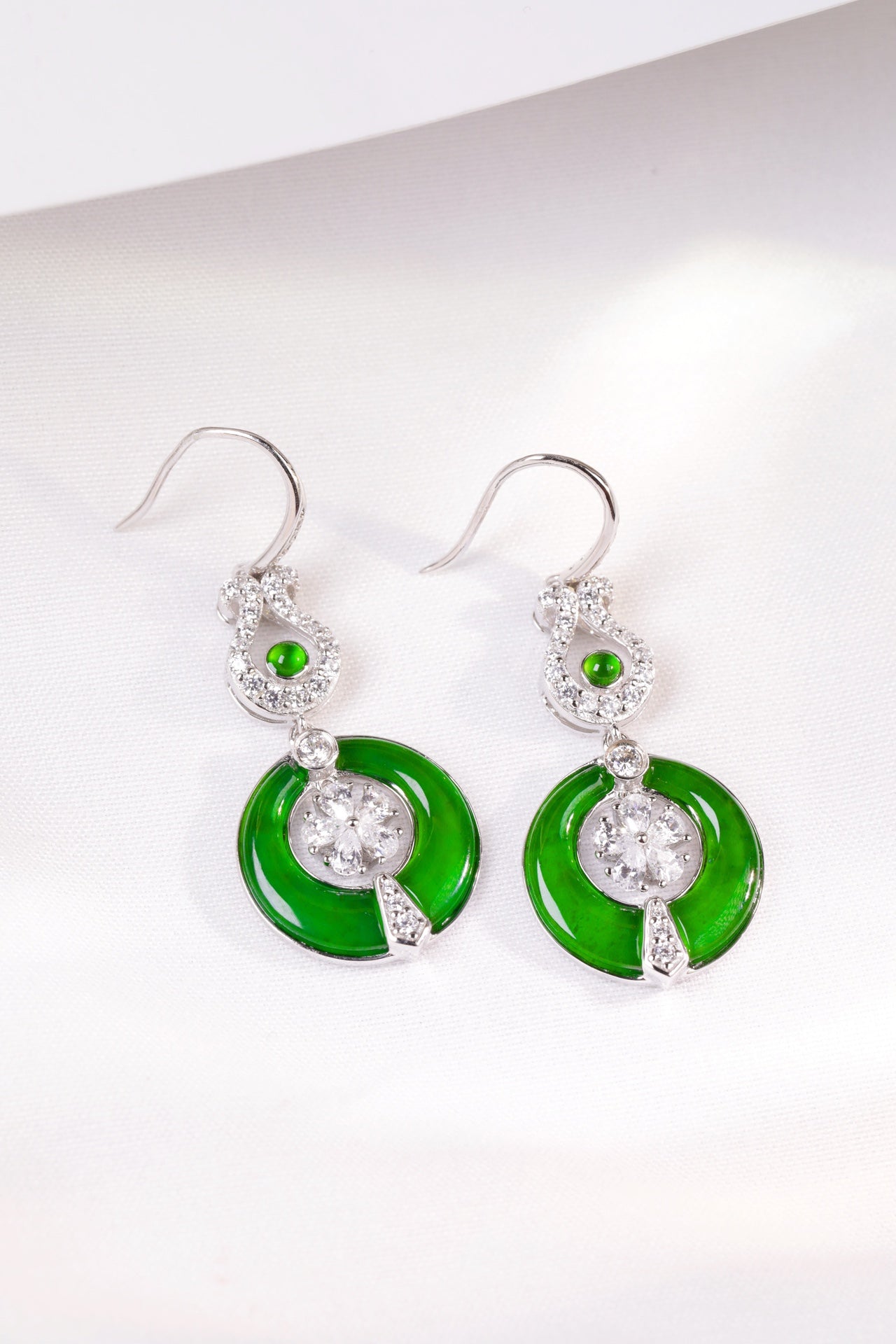 Round Jade Hoop Flower Drop Earrings