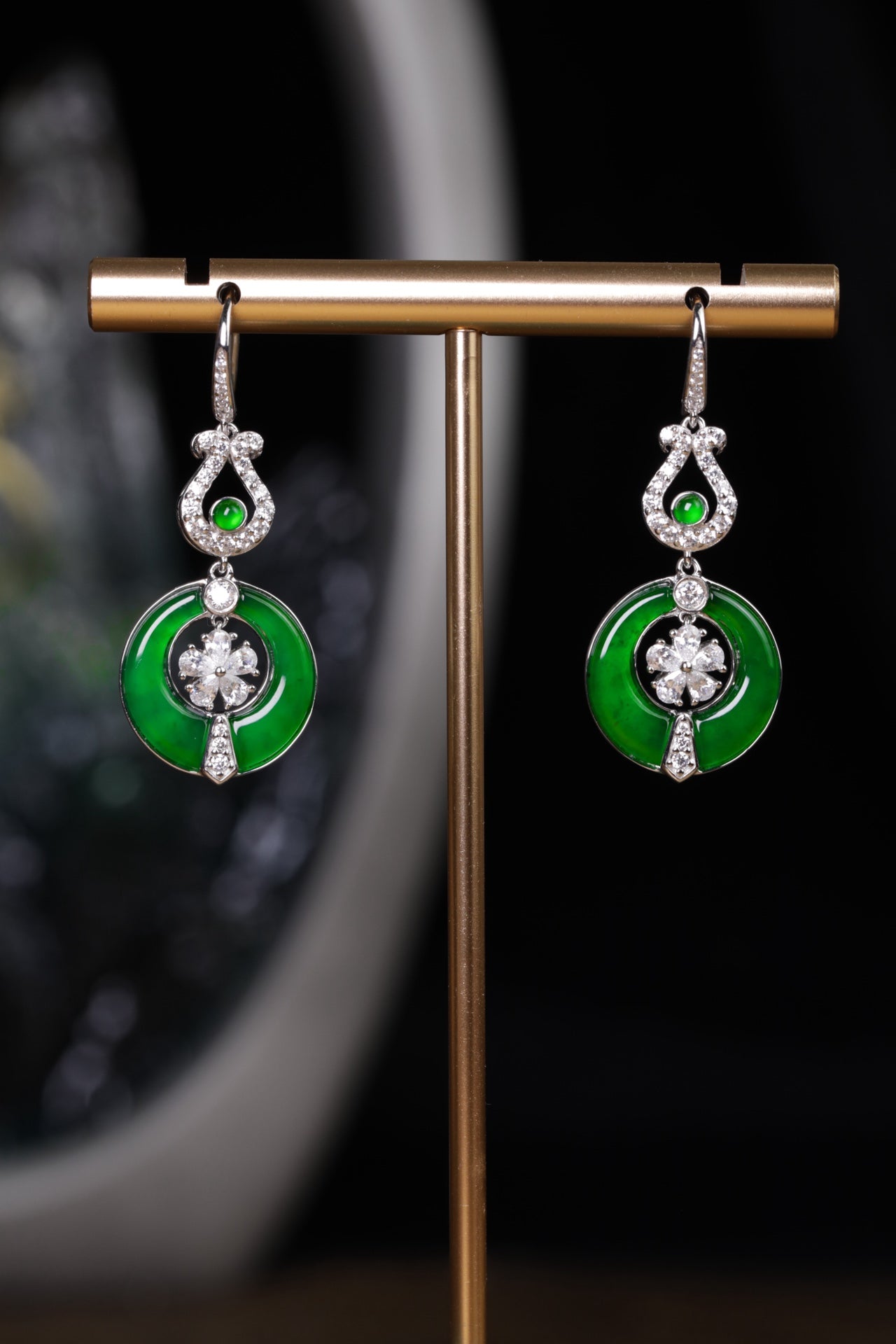 Round Jade Hoop Flower Drop Earrings