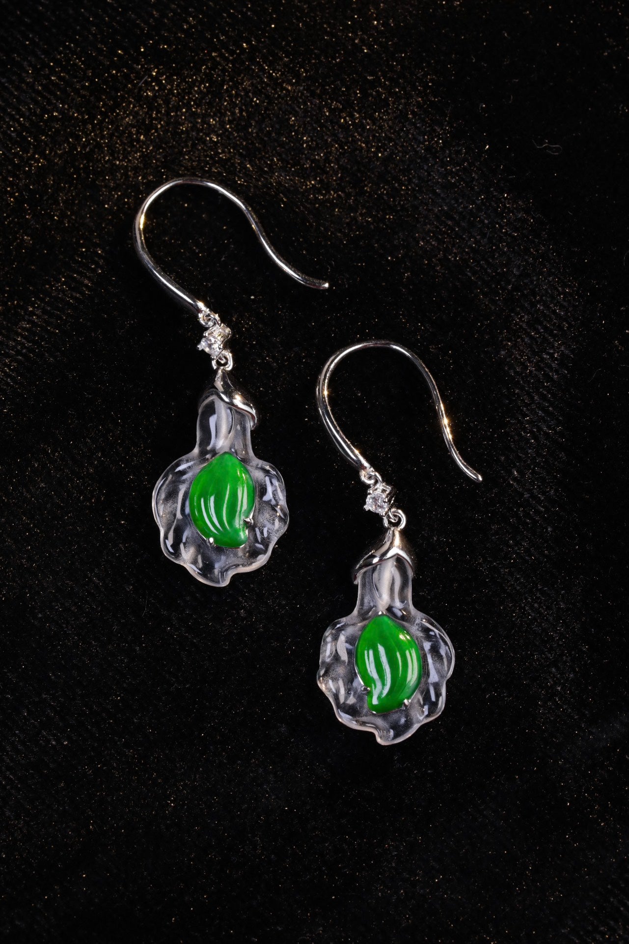 Crystal Shell and Green Jade Leaf Drop Earrings