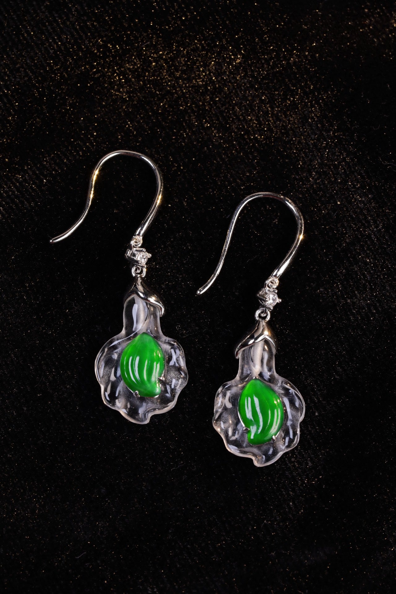 Crystal Shell and Green Jade Leaf Drop Earrings