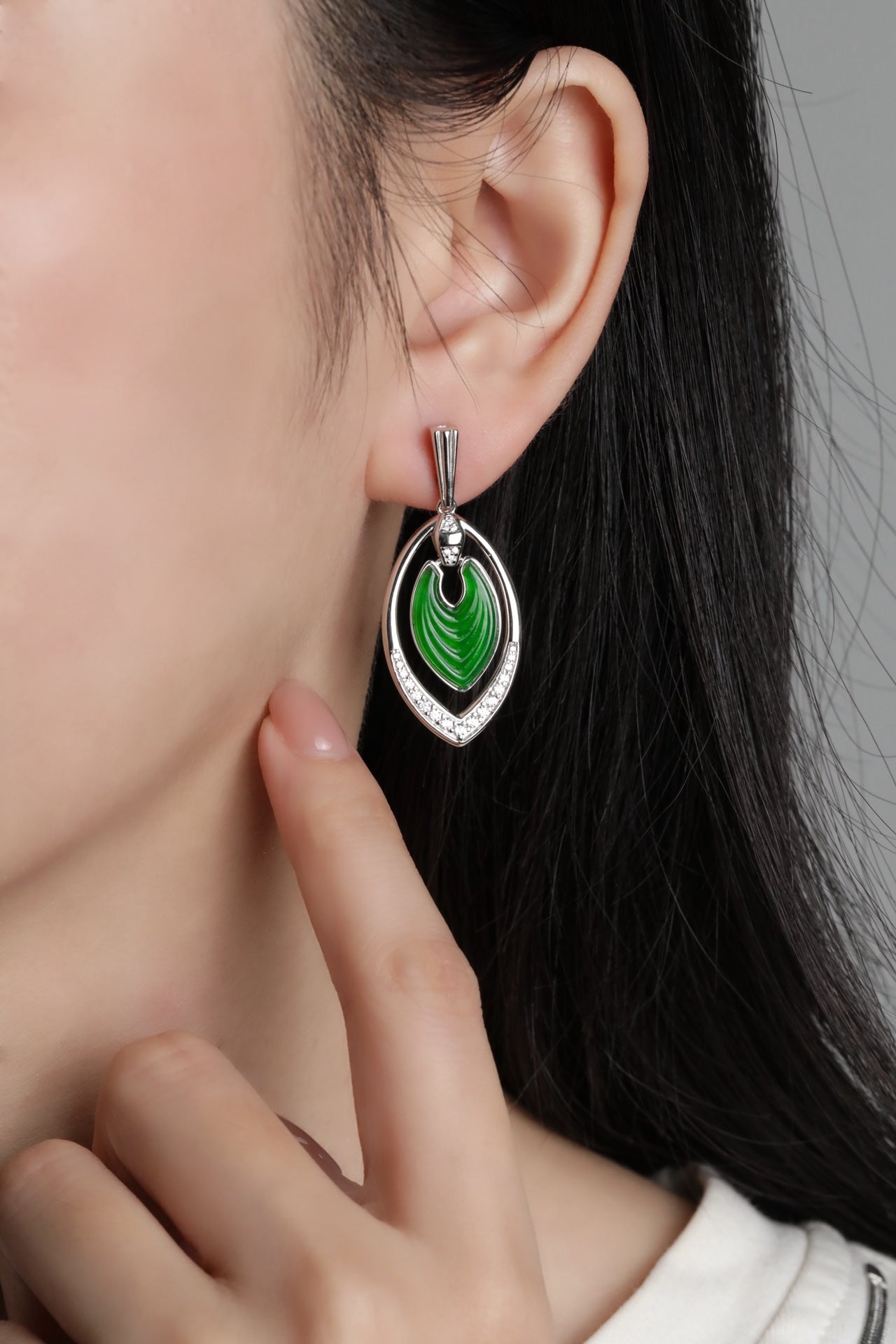 Diamond-Set Jade Maple Leaf Silver Hoop Drop Earrings