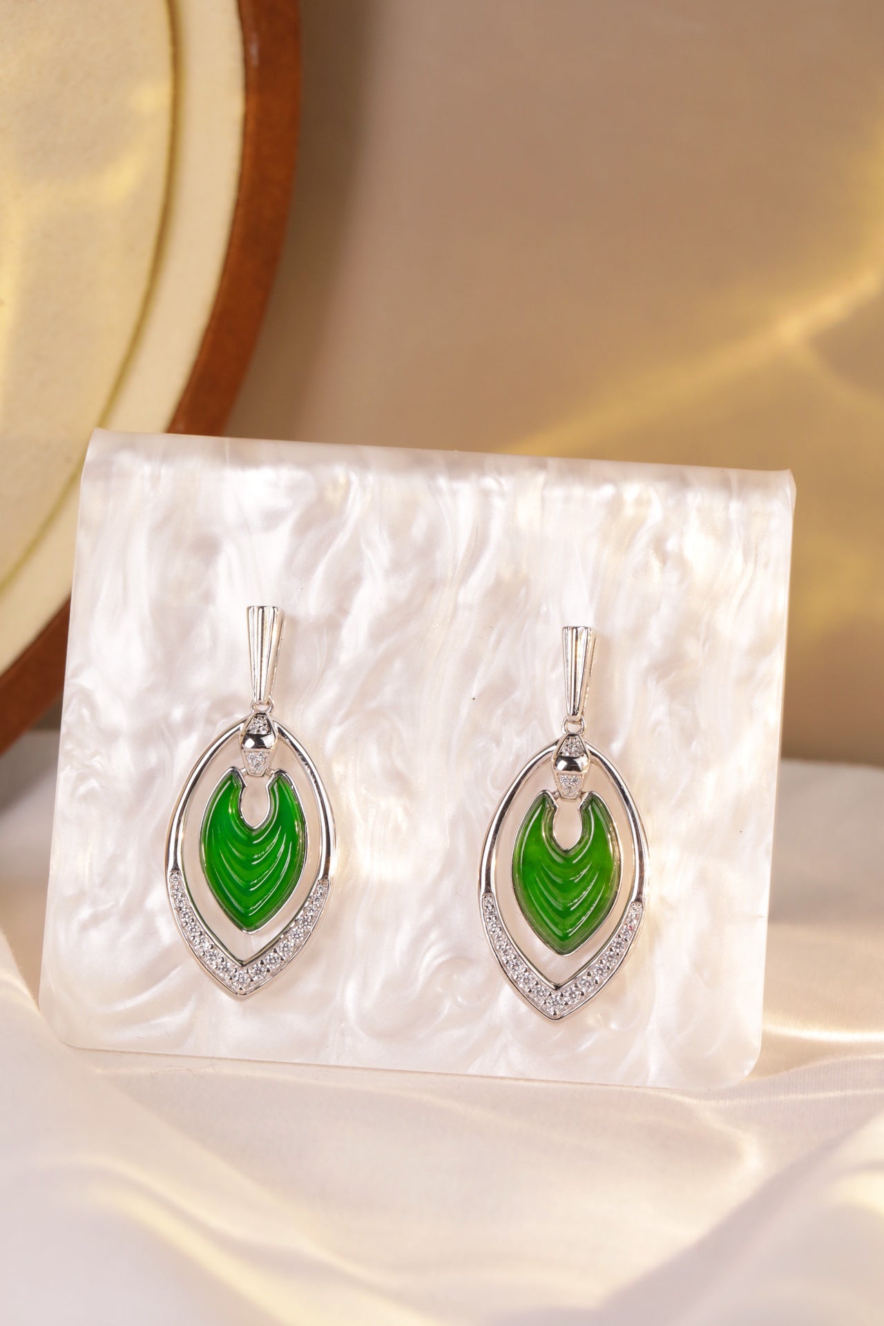 Diamond-Set Jade Maple Leaf Silver Hoop Drop Earrings