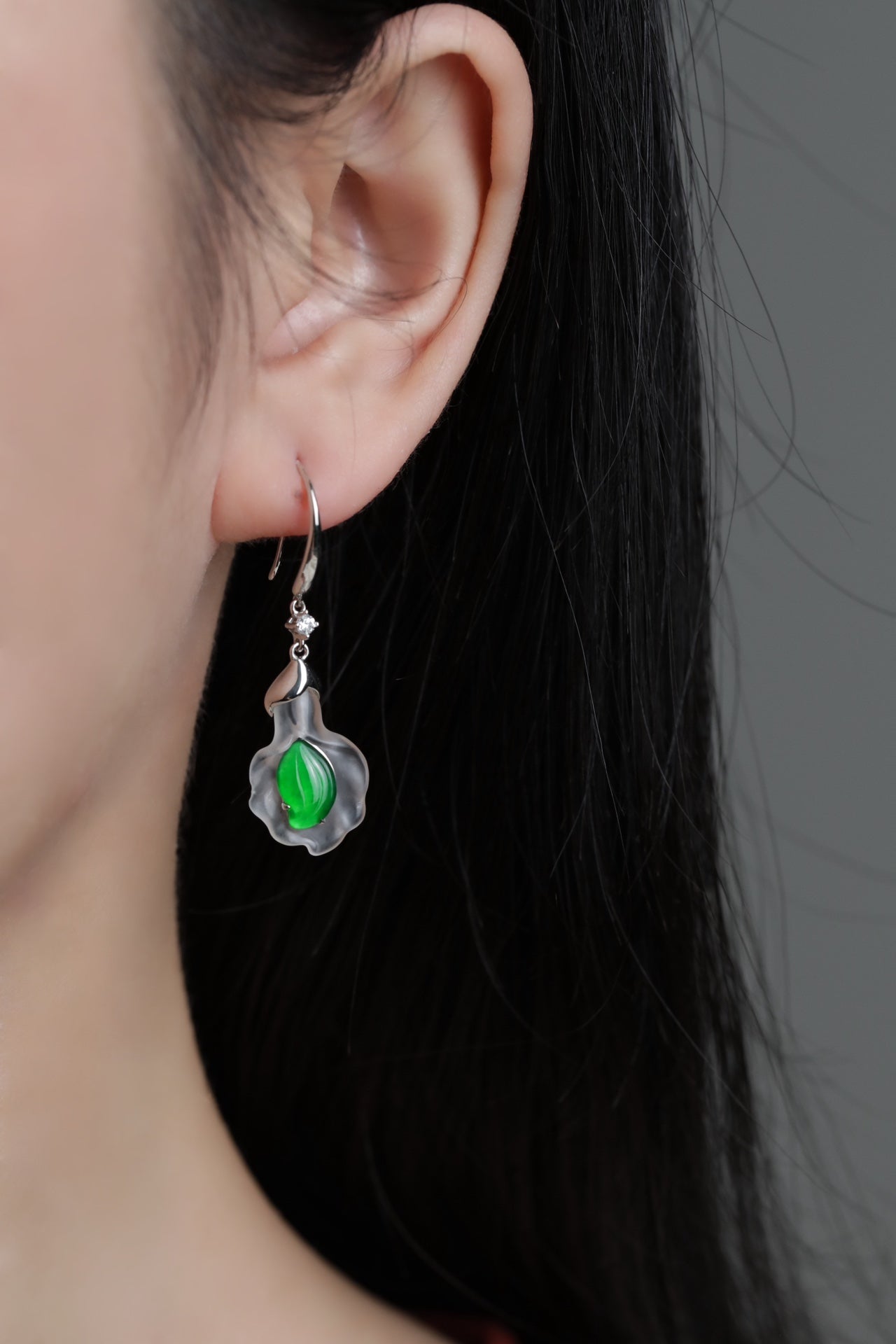 Matte Finish Crystal Shell and Green Jade Leaf Drop Earrings