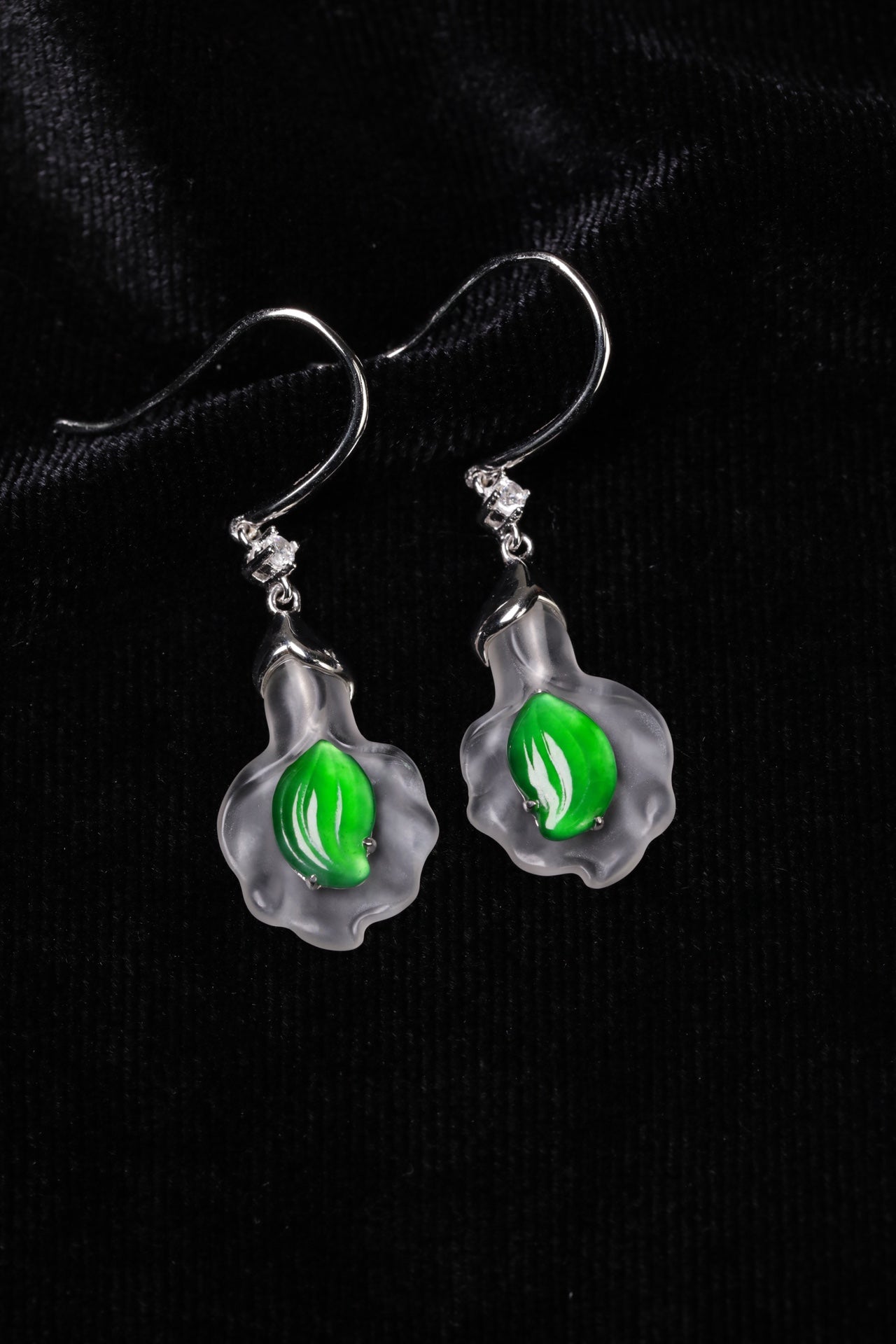 Matte Finish Crystal Shell and Green Jade Leaf Drop Earrings