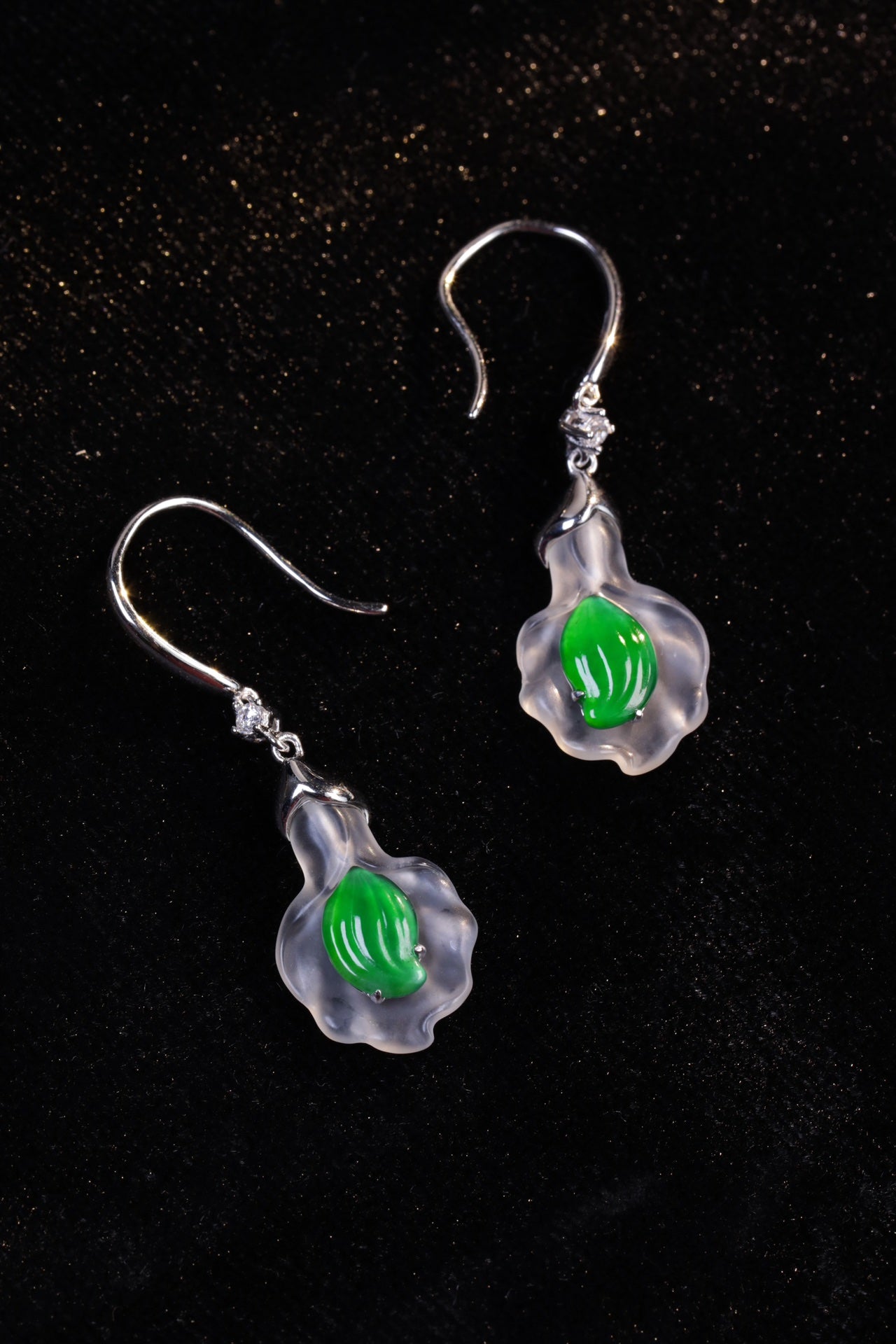 Matte Finish Crystal Shell and Green Jade Leaf Drop Earrings