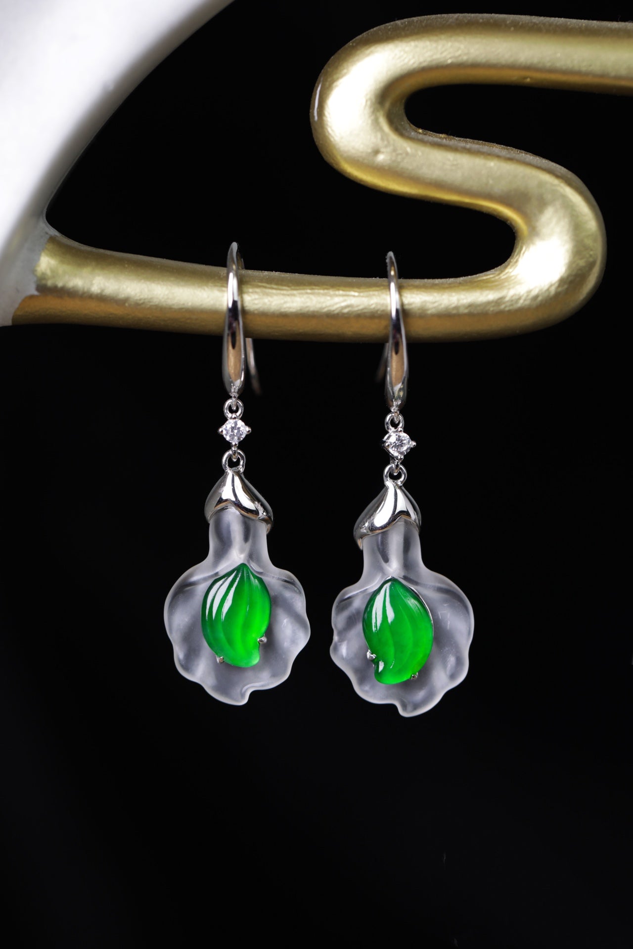 Matte Finish Crystal Shell and Green Jade Leaf Drop Earrings