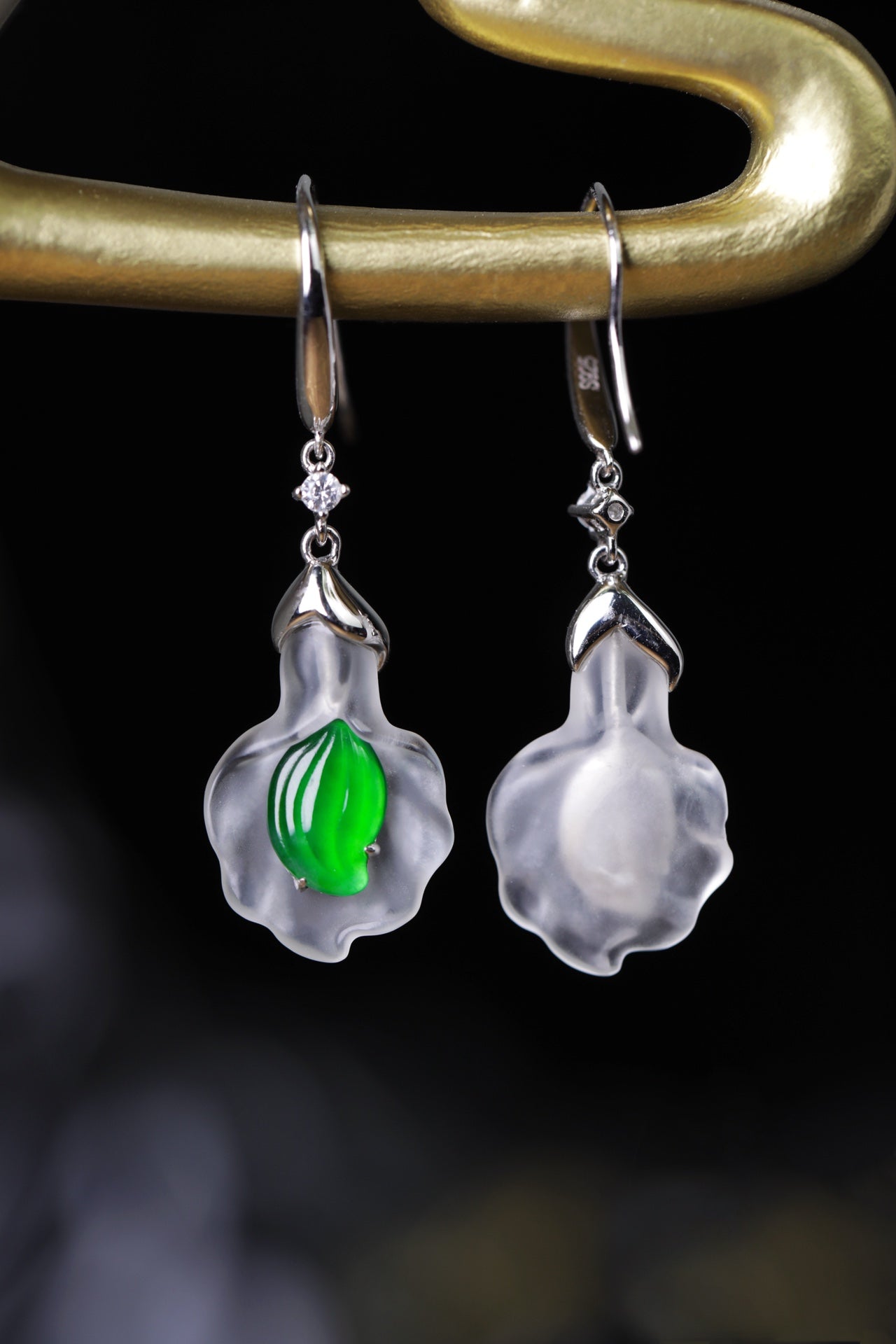 Matte Finish Crystal Shell and Green Jade Leaf Drop Earrings