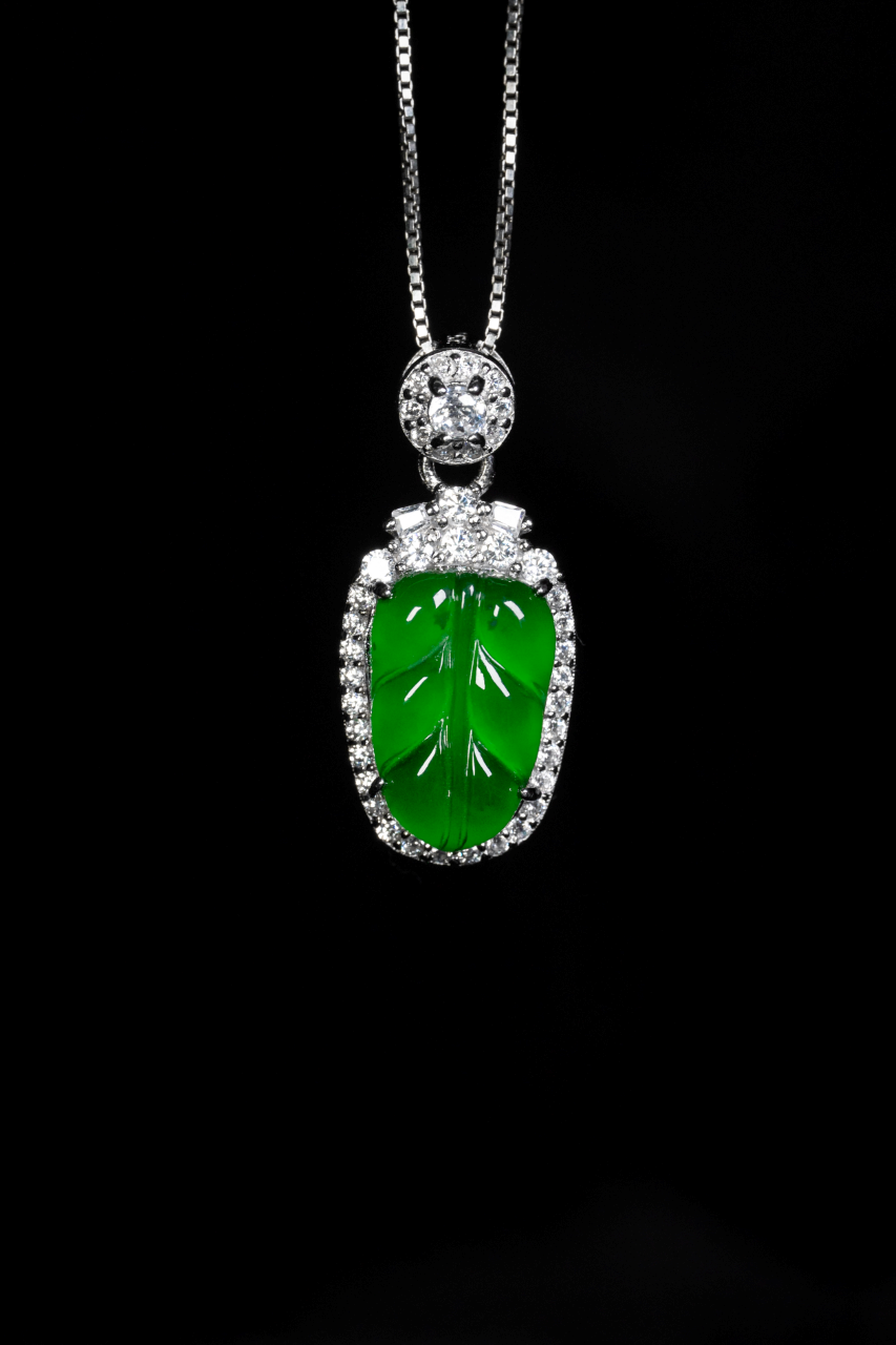 Diamond-Set Green Leaf Pendant Necklace