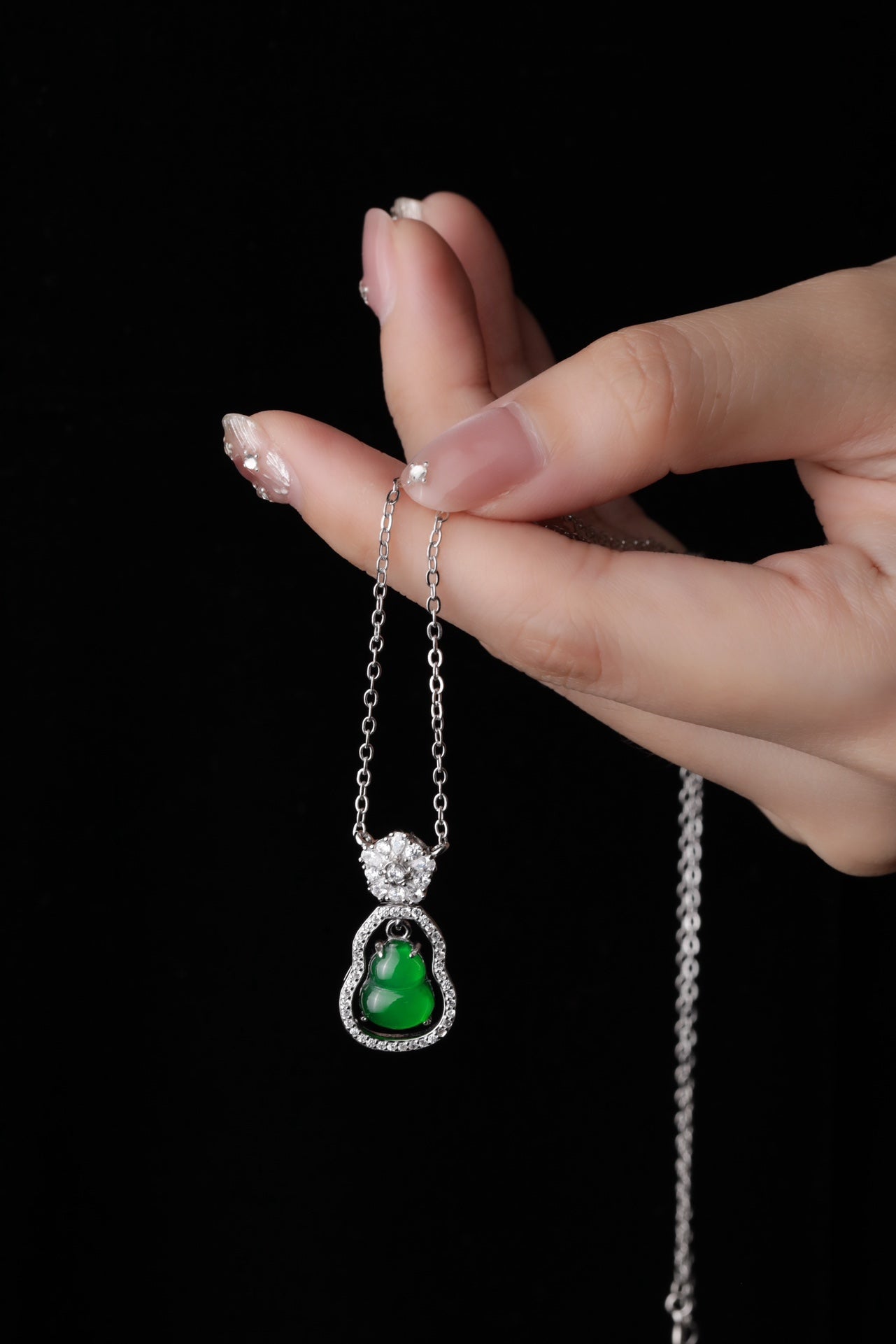 Diamond-Set Silver Hoop Gourd Pendant Necklace