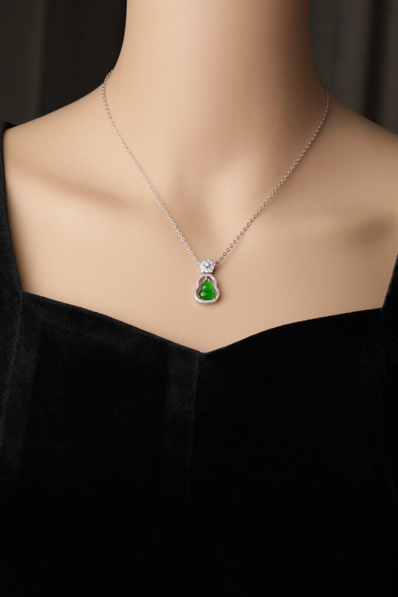 Diamond-Set Silver Hoop Gourd Pendant Necklace