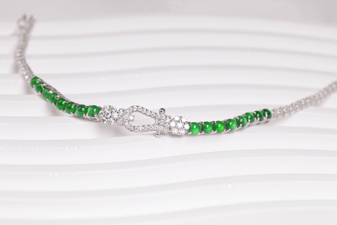 Diamond-Set Clasp Jade Bead Bracelet