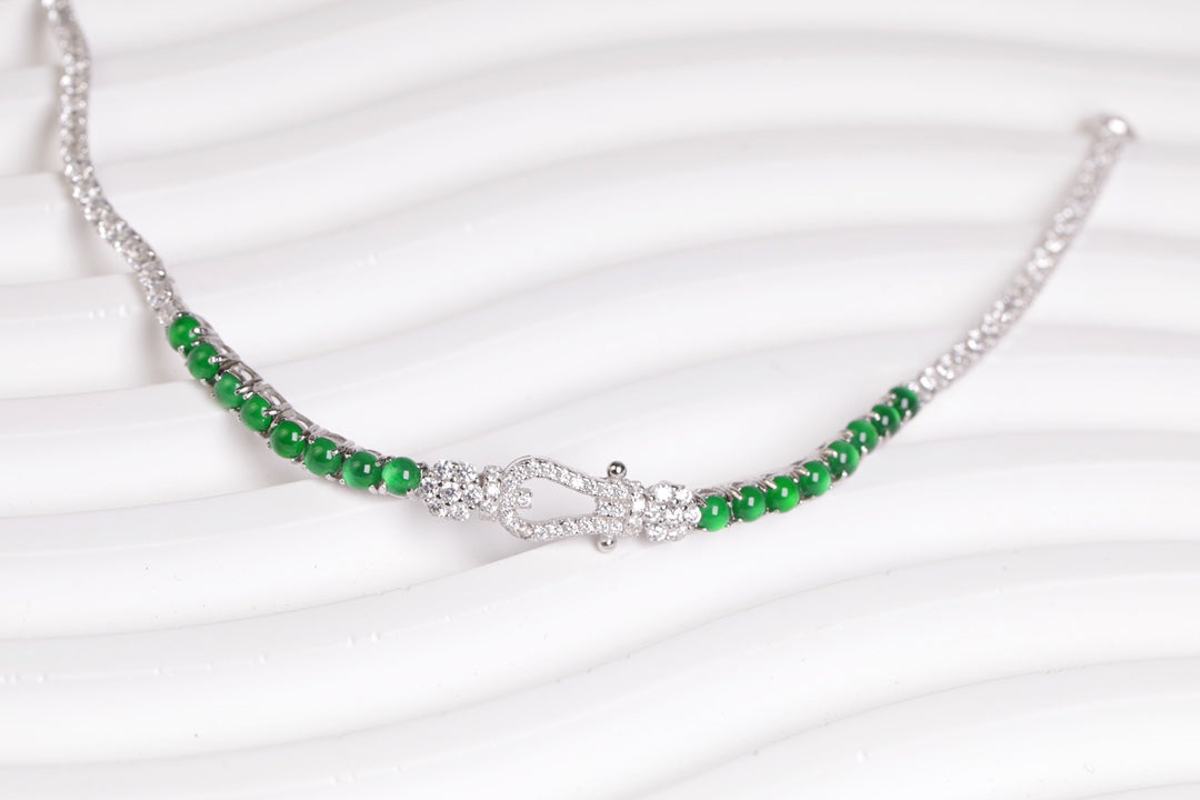 Diamond-Set Clasp Jade Bead Bracelet