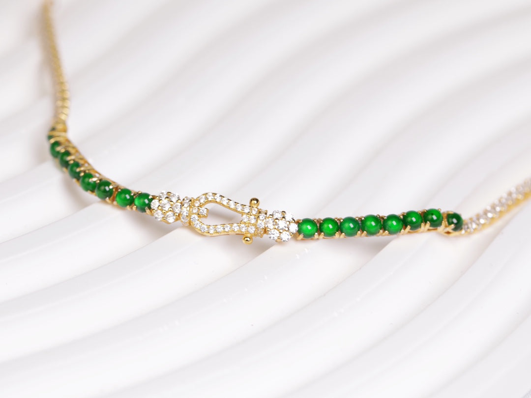 Diamond-Set Clasp Gold-Plated Jade Bead Bracelet