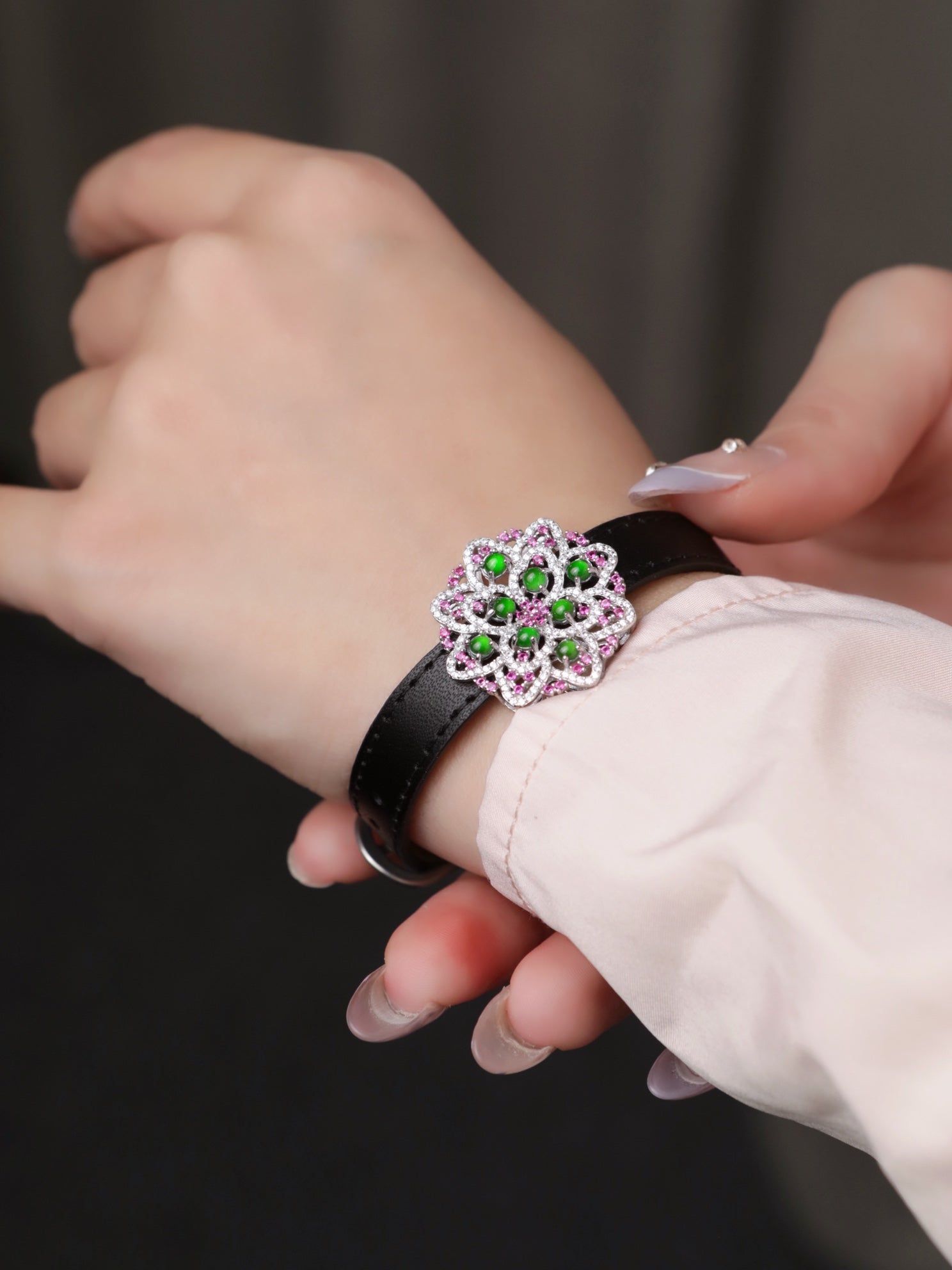 Silver Floral Jade and black Leather Bracelet