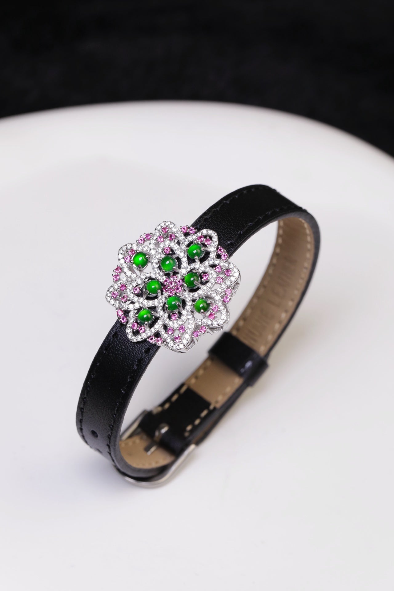 925 Silver Flower Wristband Natural Jade