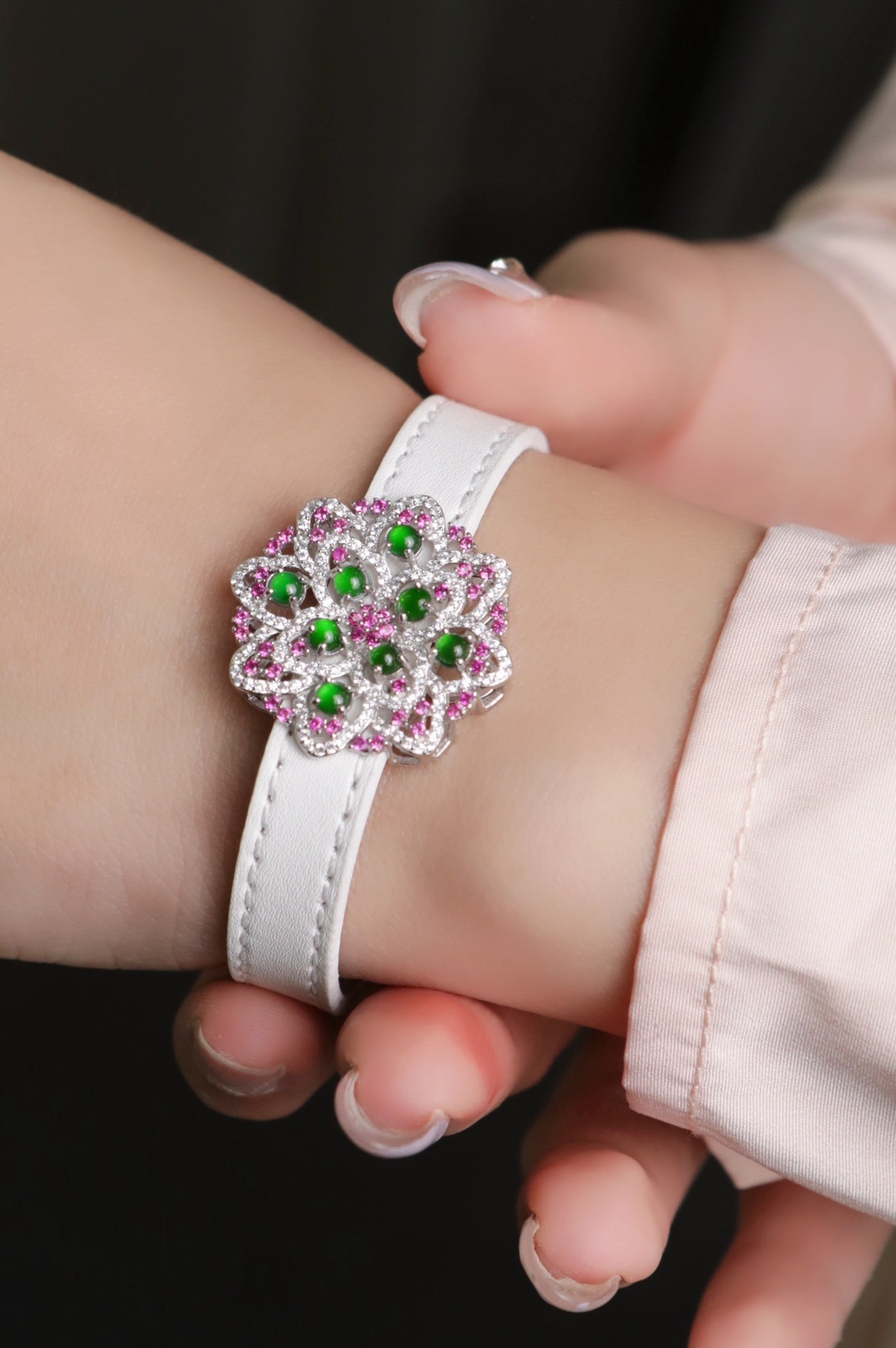 Silver Floral Jade and white Leather Bracelet