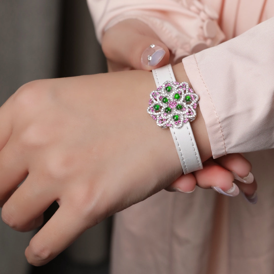 Silver Floral Jade and white Leather Bracelet