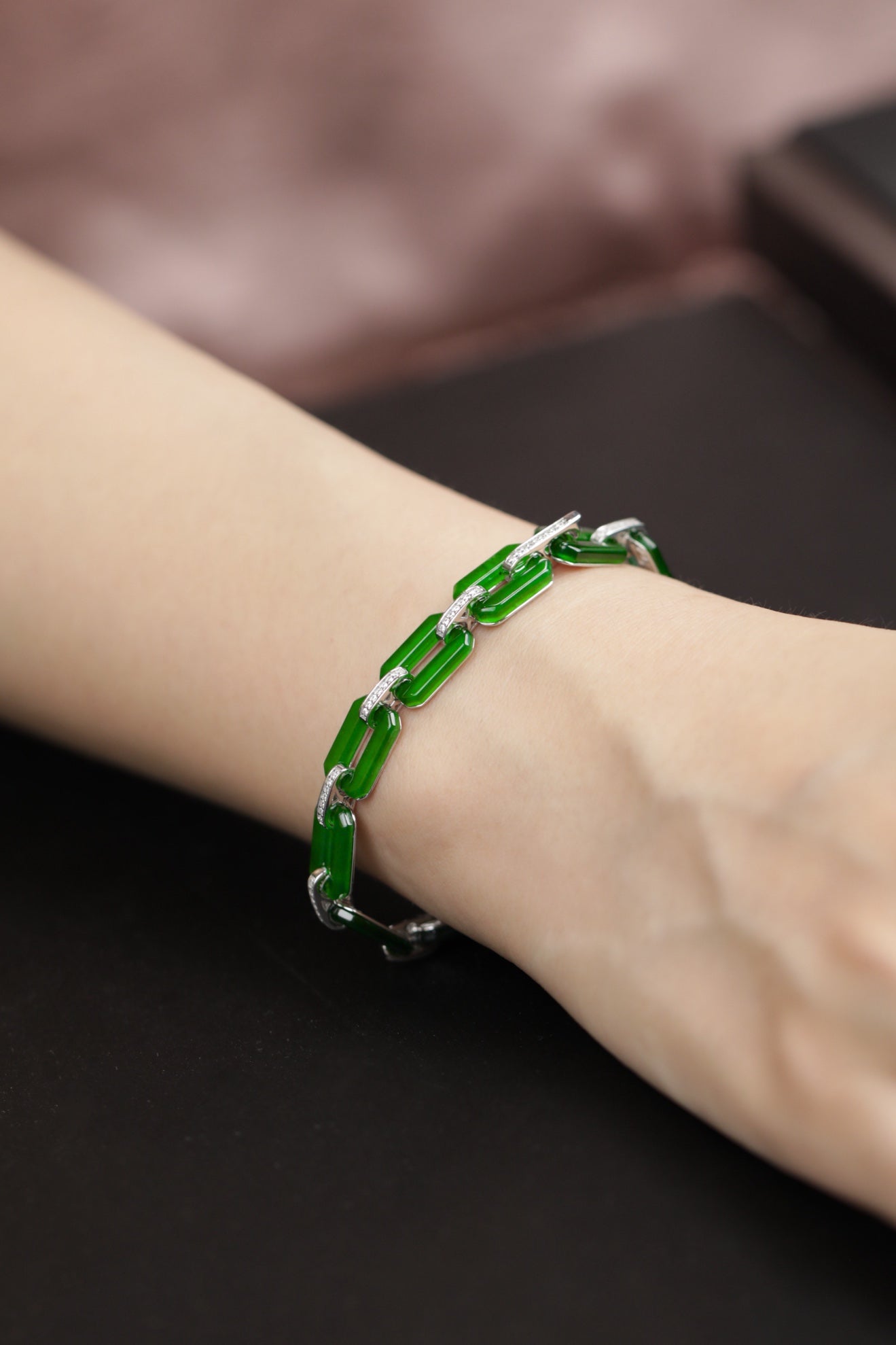 S925 Sterling Silver Square Emerald Jade Bracelet 180mm