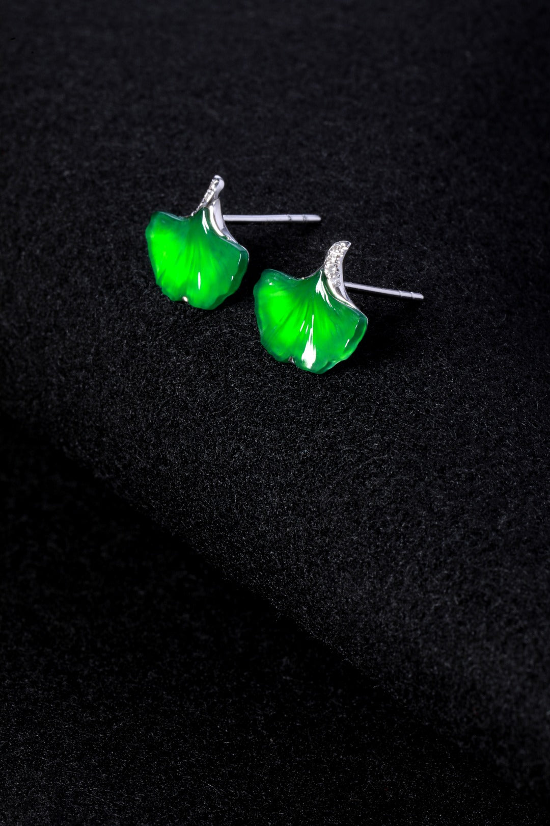 925 Sterling Silver Apricot Leaf Earrings Natural Jade