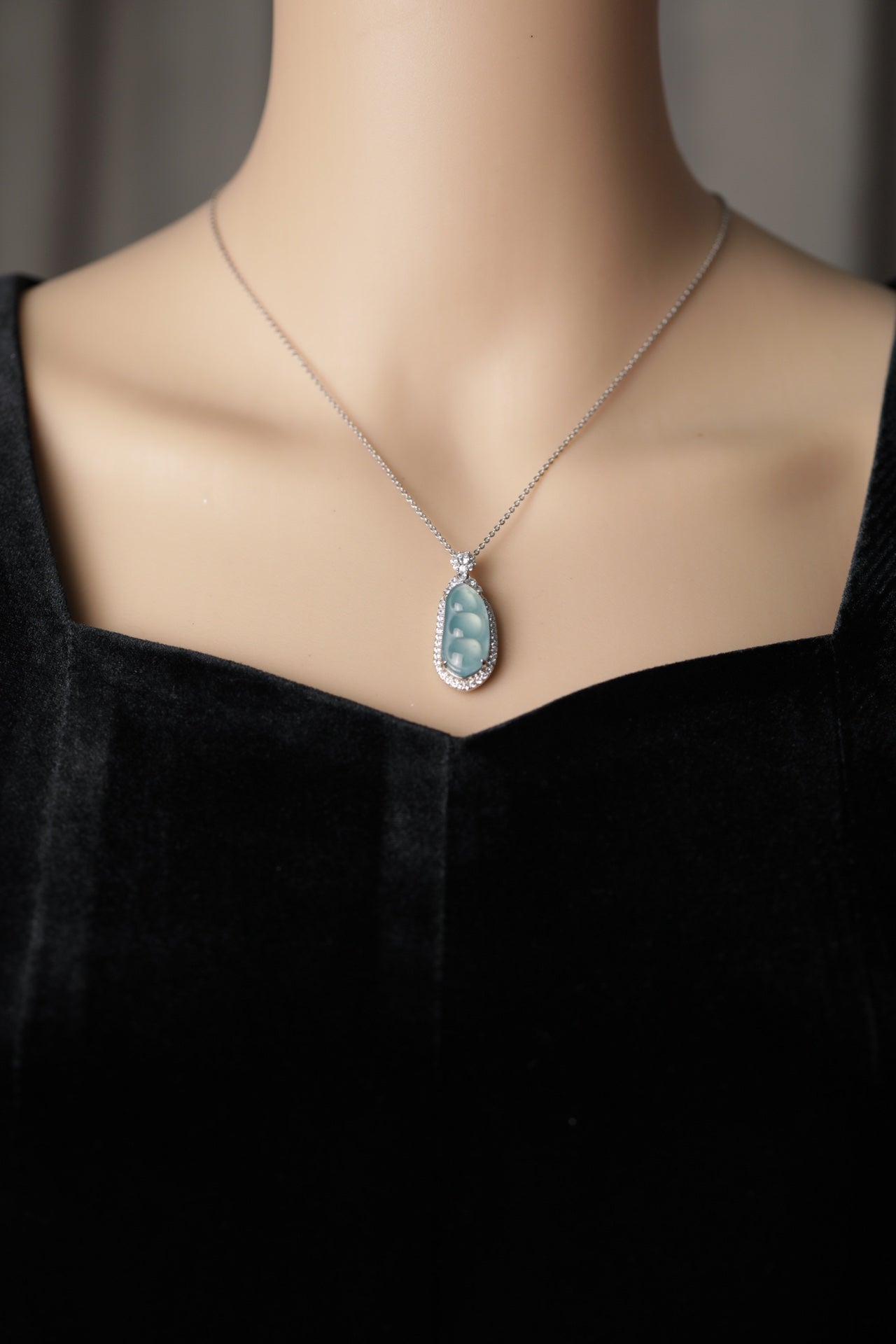 Diamond-Edge Ice Jade Bean Pendant Necklace