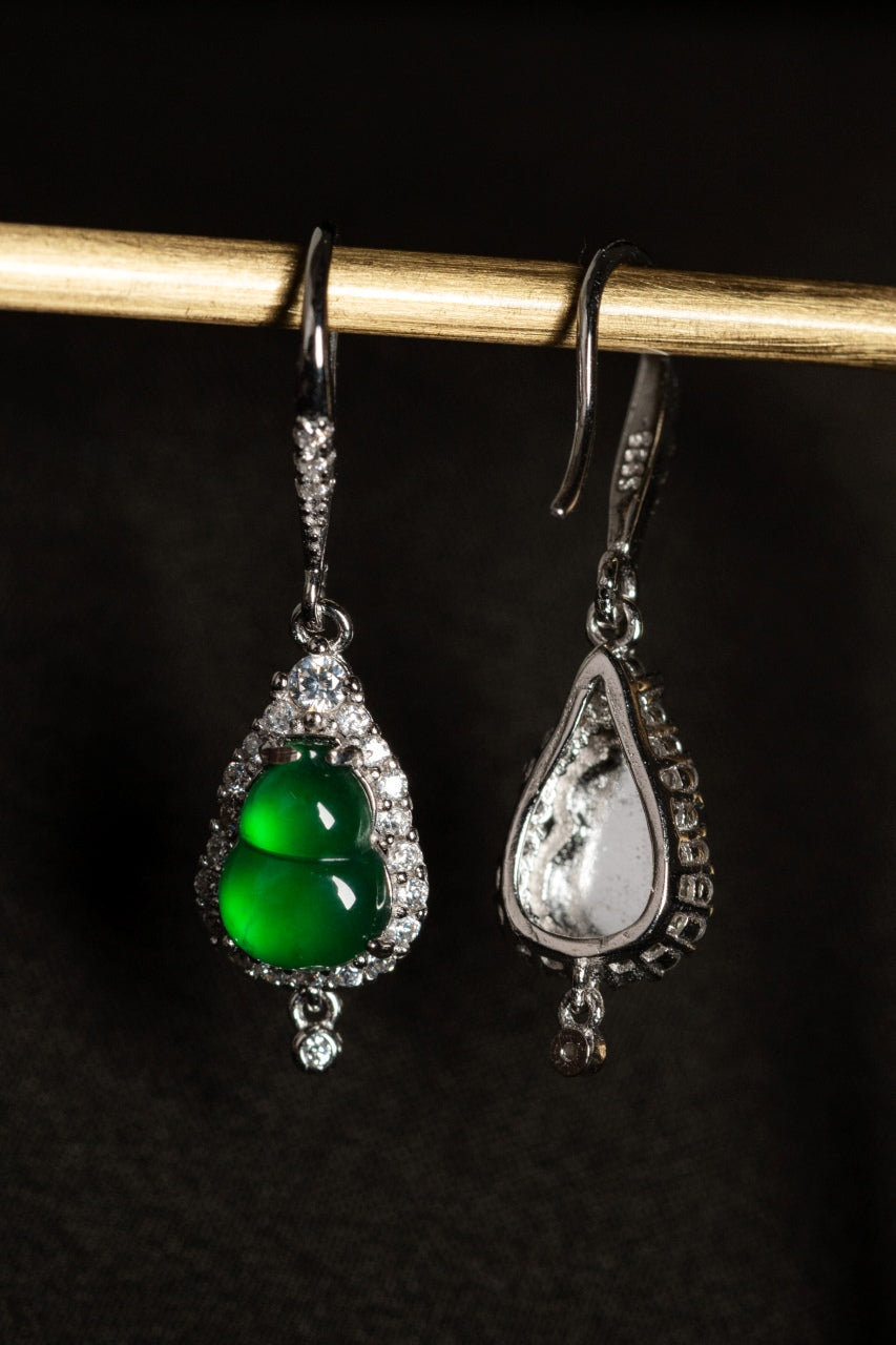 Diamond-Edge Jade Gourd Drop Earrings