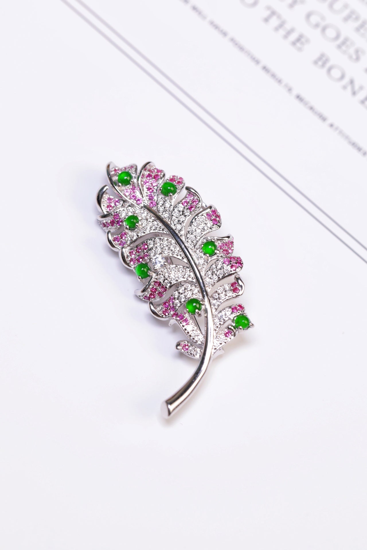 925 silver feather brooch natural jade