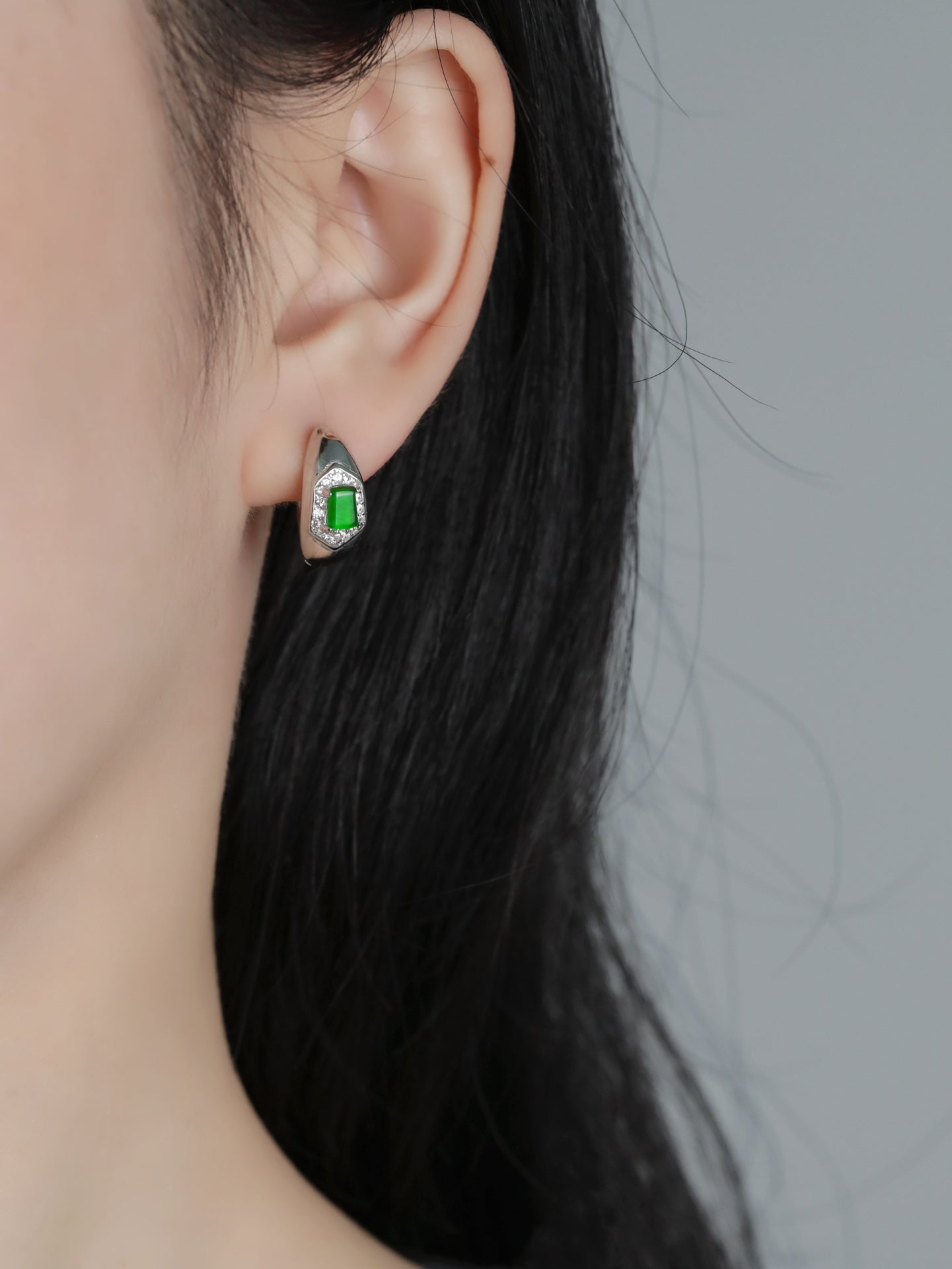 Diamond-Set Rectangular Jade Stud Earrings