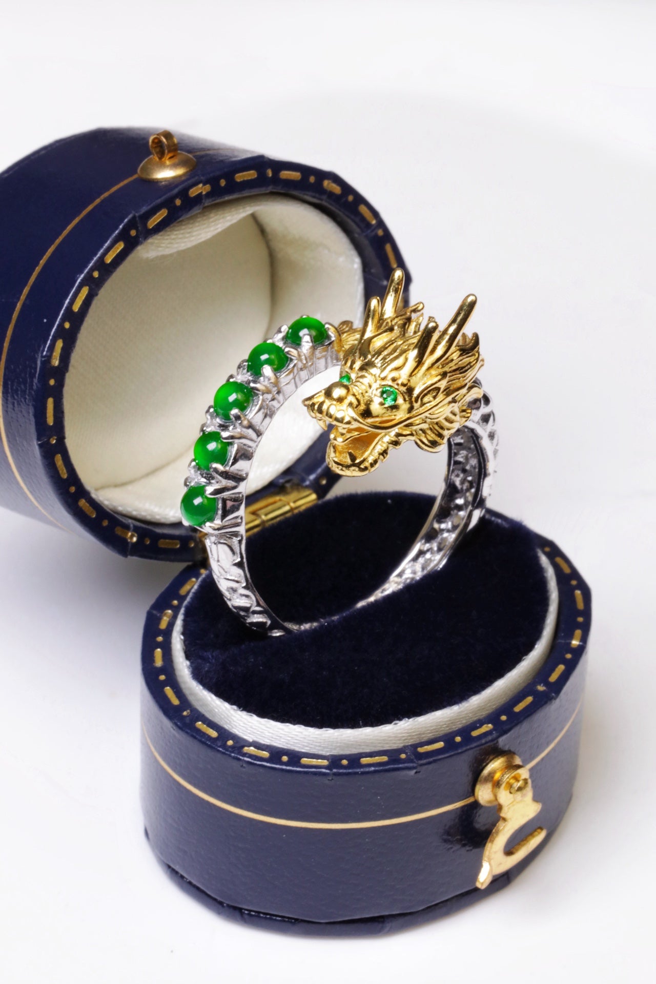 Gold-Plated Dragon Ring with 5 Jade Beads