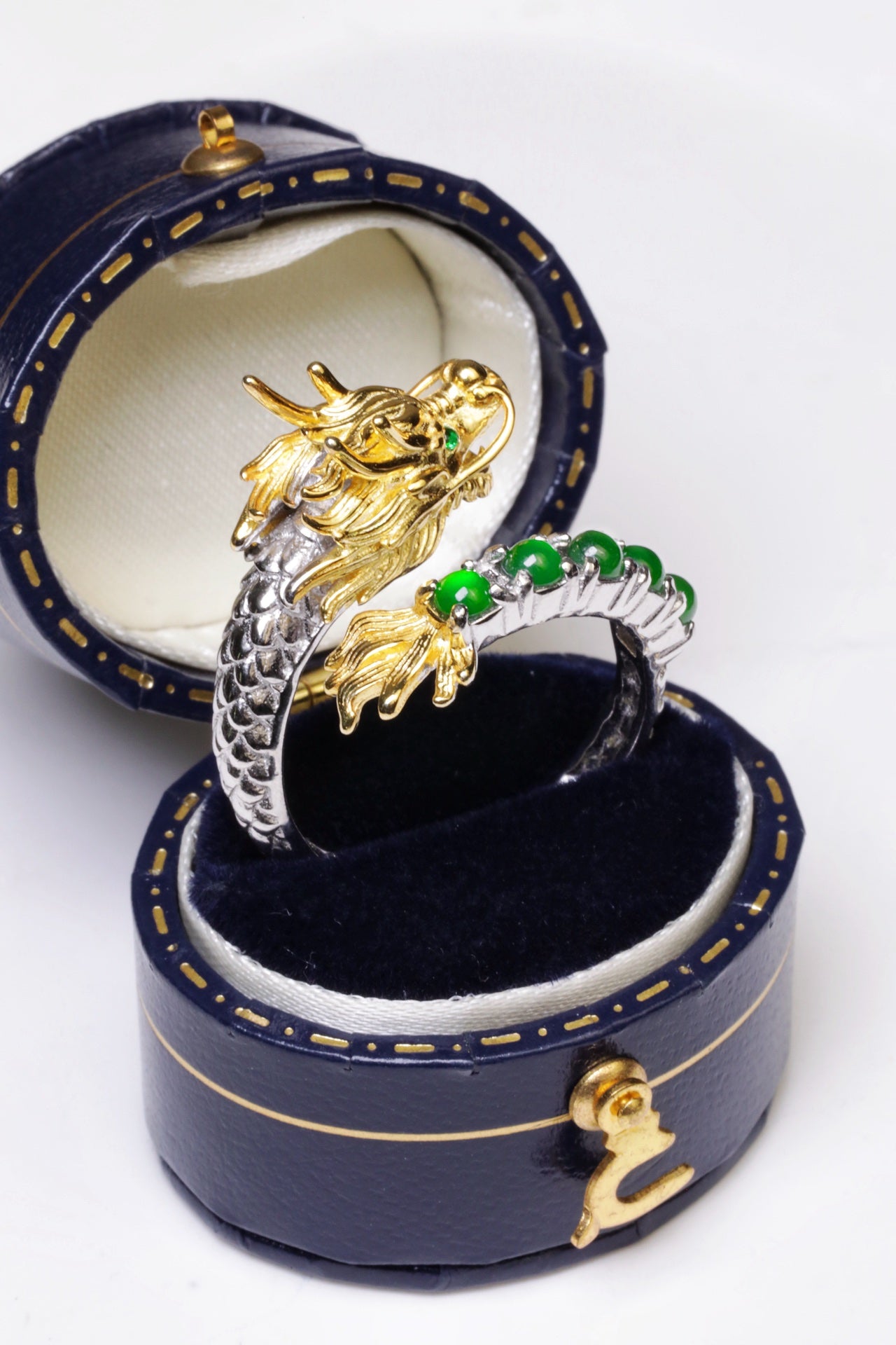 Gold-Plated Dragon Ring with 5 Jade Beads