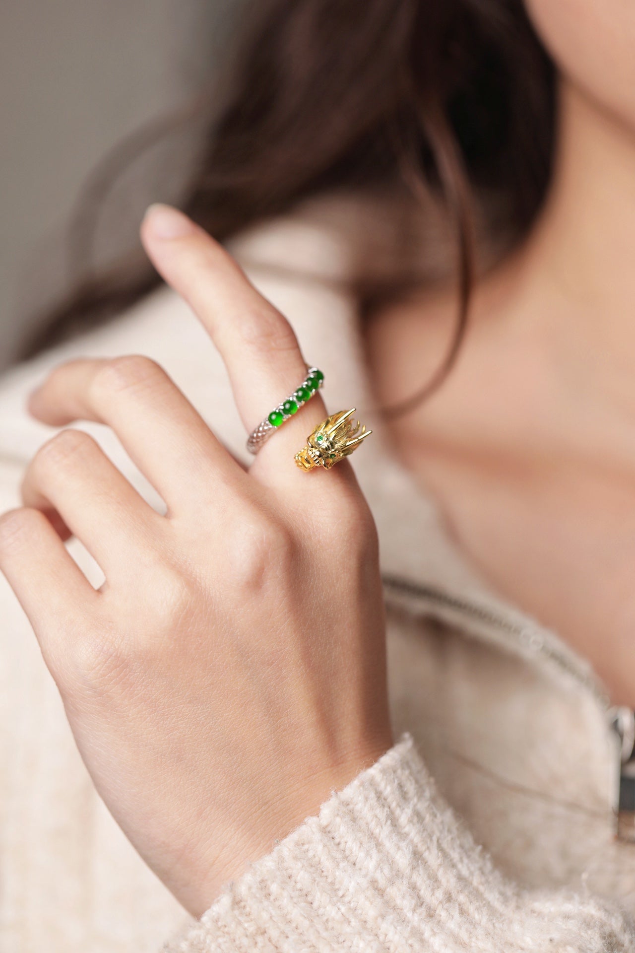 Gold-Plated Dragon Ring with 5 Jade Beads