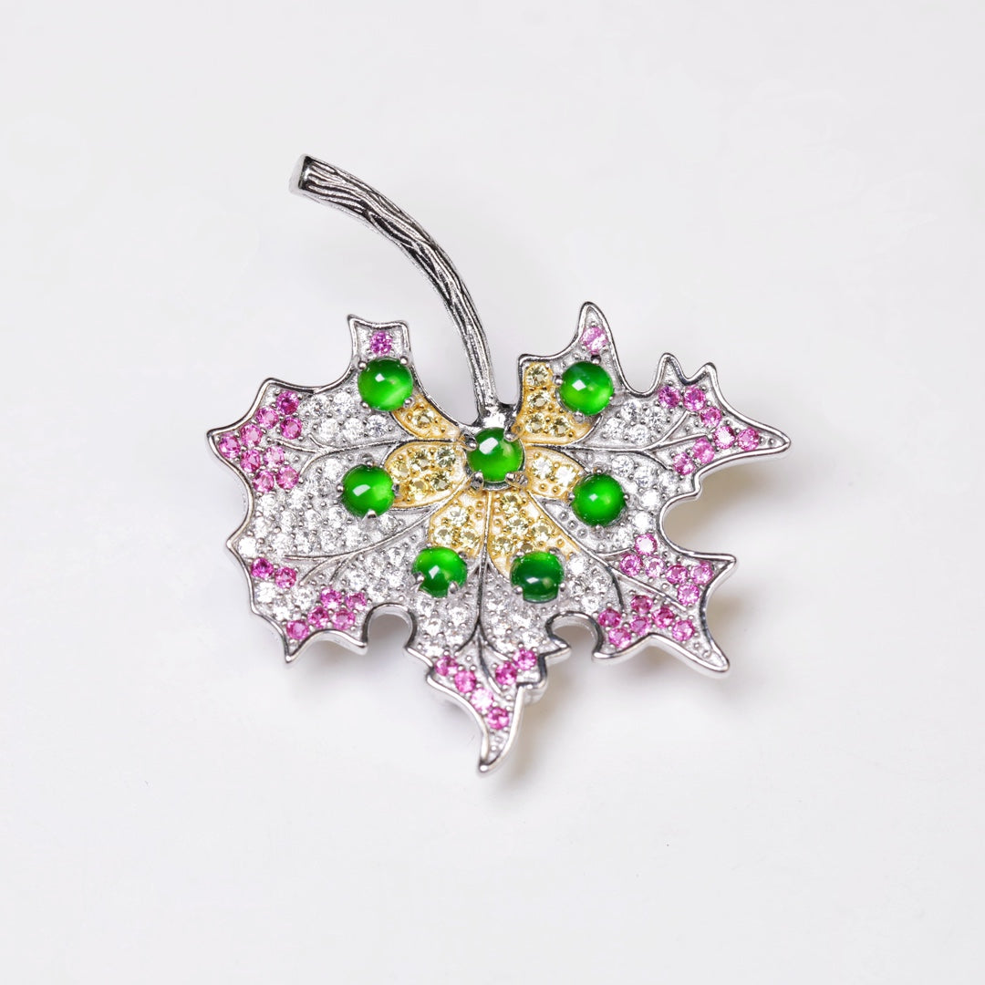 Maple Leaf Brooch S925 Silver Jade