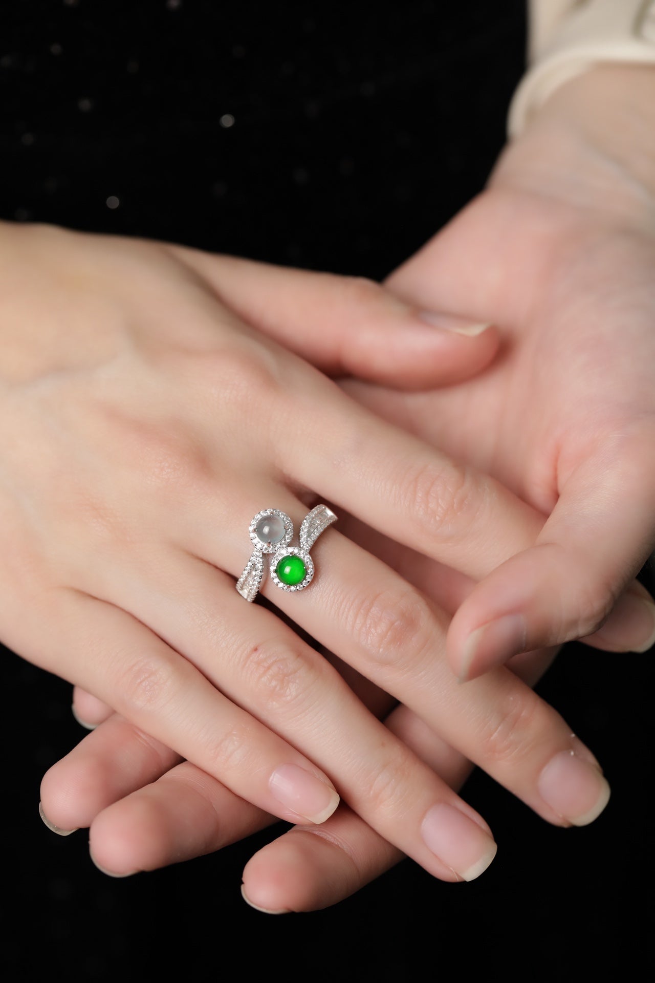 Jade and Ice Jade Double Bead Surround Ring