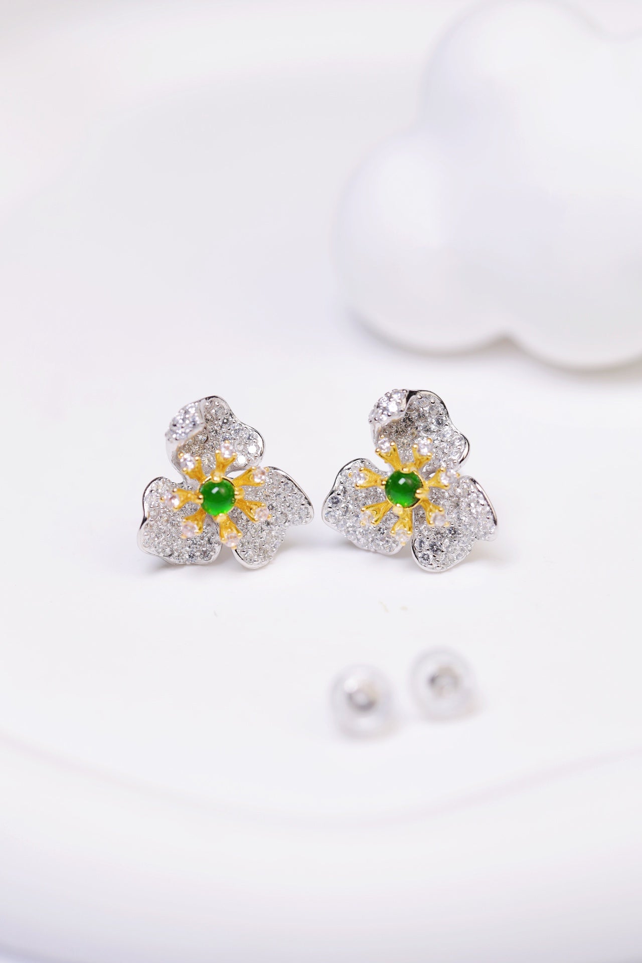 925 silver flower earrings natural jade