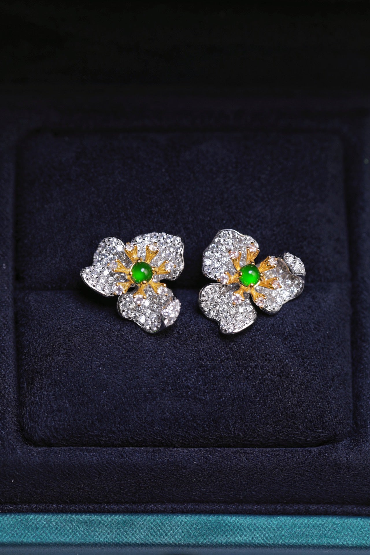 Diamond-Set Silver Flower Stud Earrings