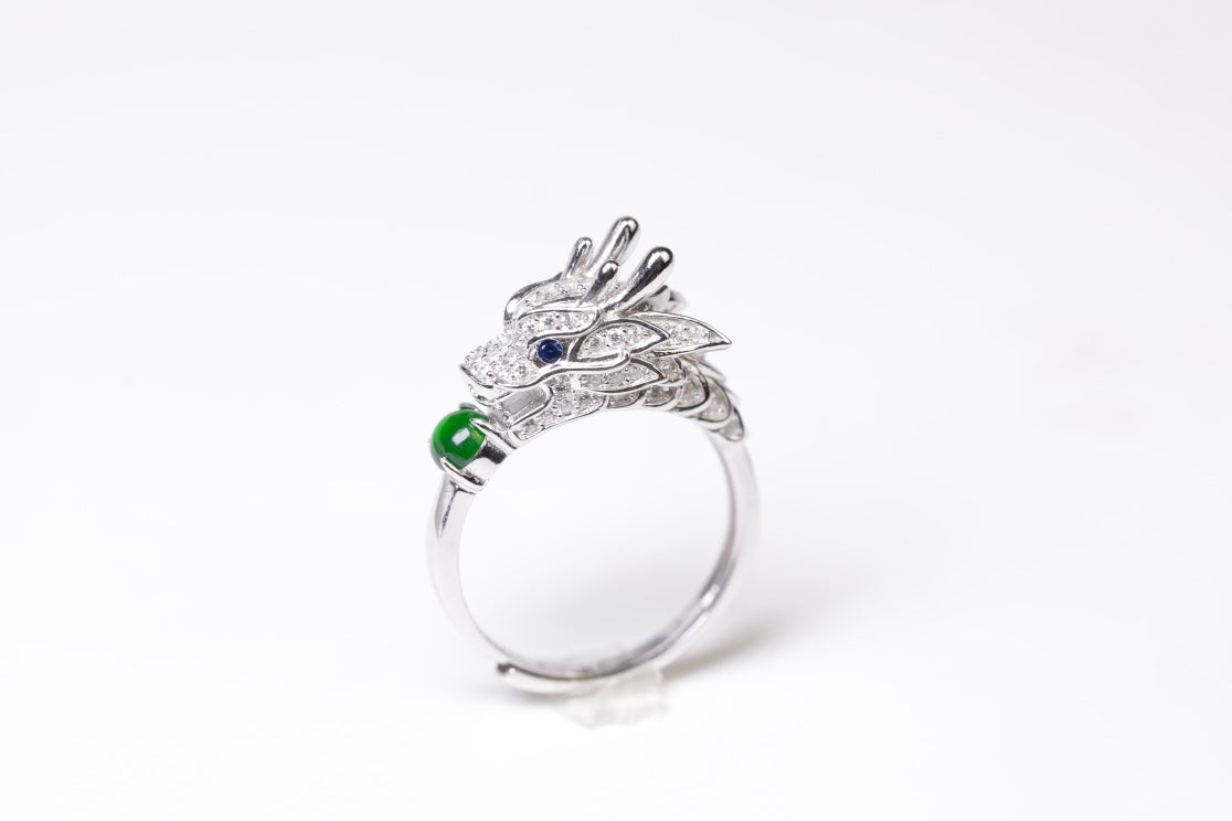 925 Silver Dragon Ring Natural Jade