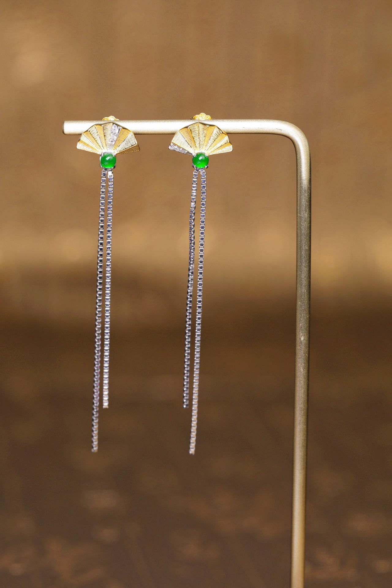 925 Silver Fan Earrings Natural Jade