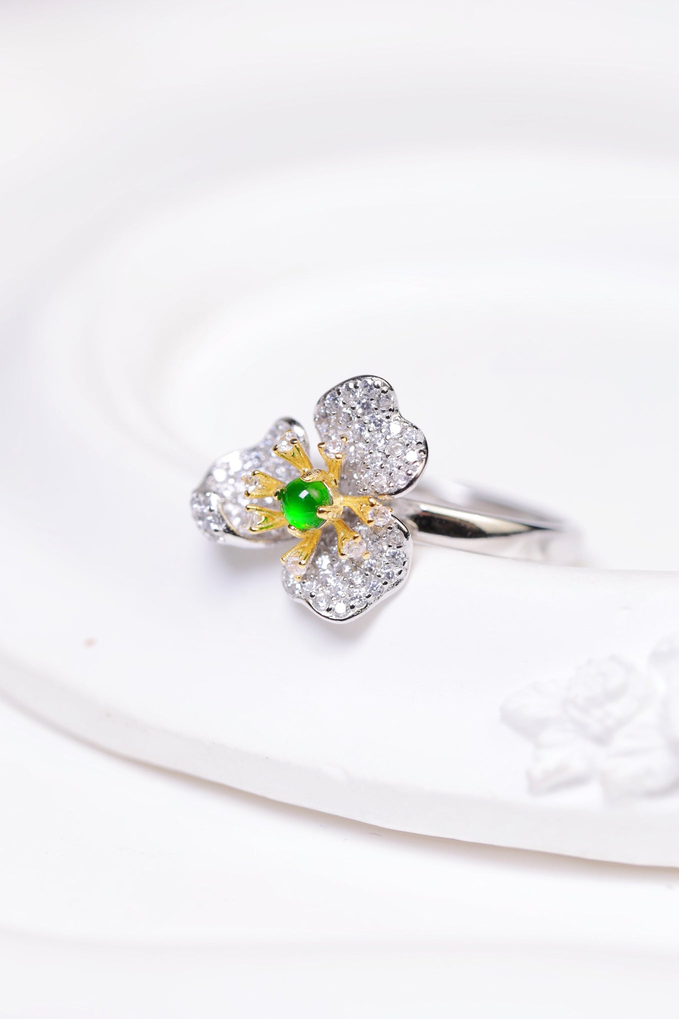 Diamond-Set Silver Flower Ring