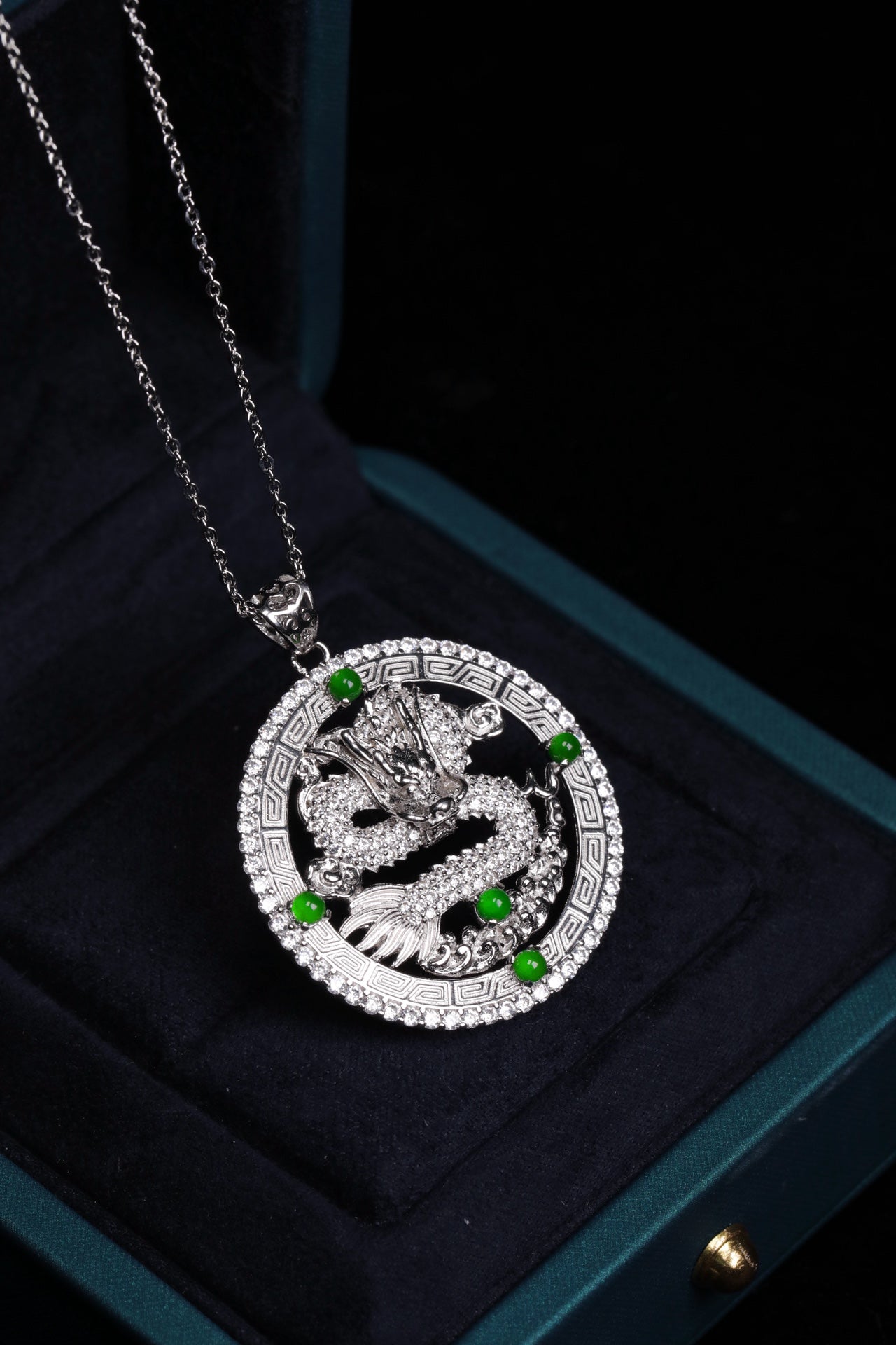 Diamond-Set Silver Dragon Pendant Necklace