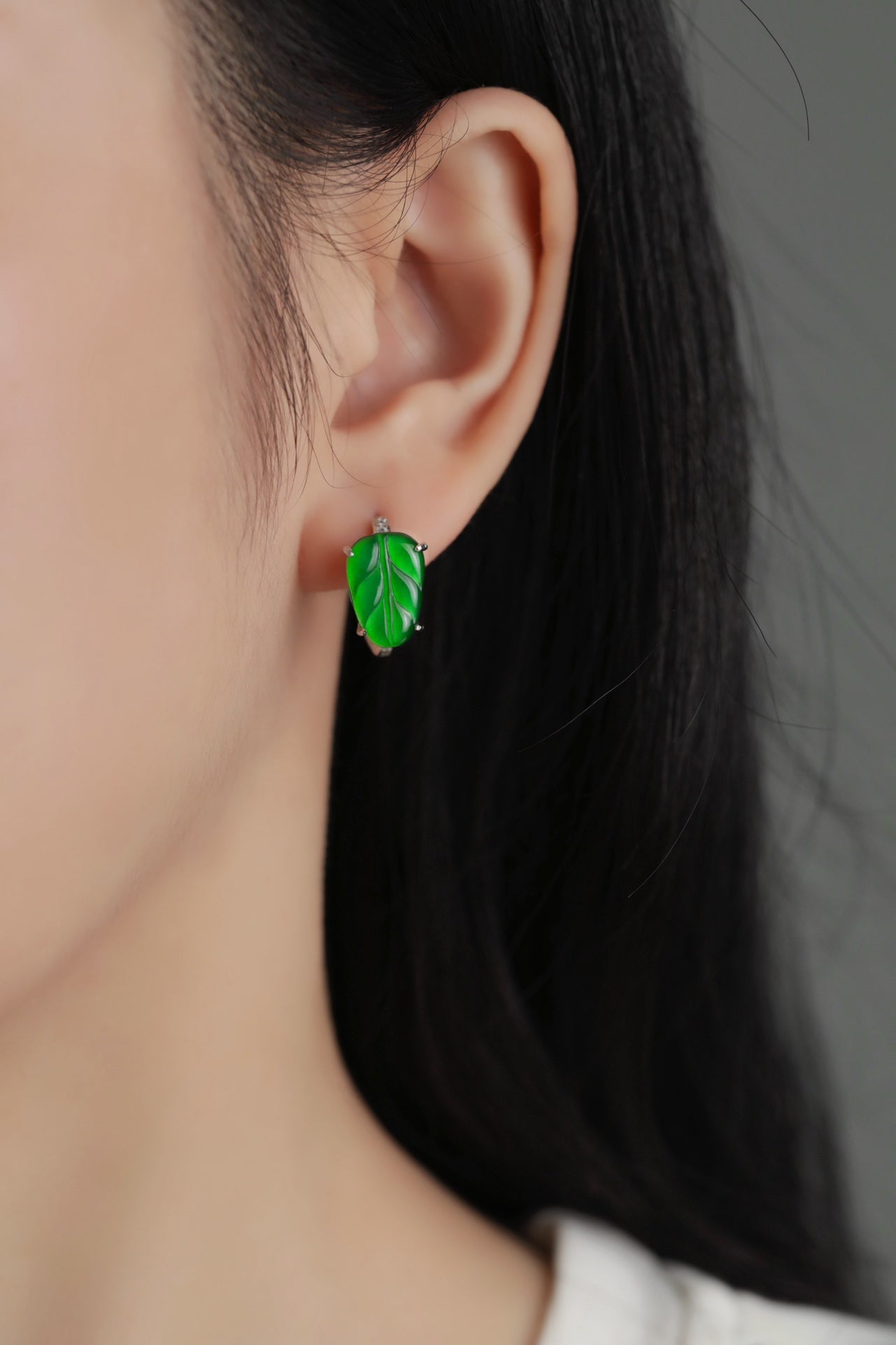 Green Leaf Clasp Stud Earrings