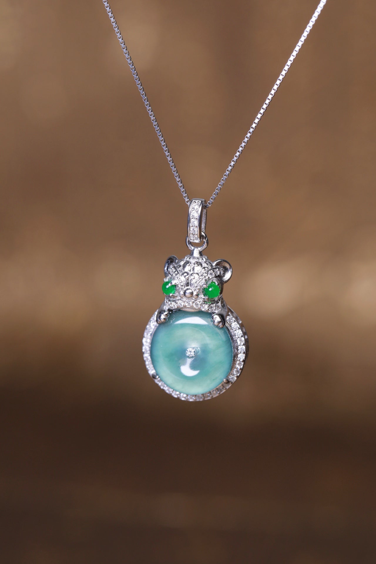 Diamond-Set Ice Jade Lucky Safety Pendant Necklace