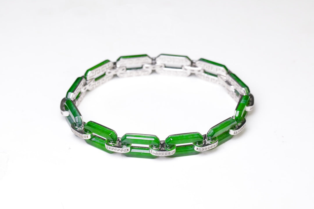 S925 Sterling Silver Square Emerald Jade Bracelet 170mm