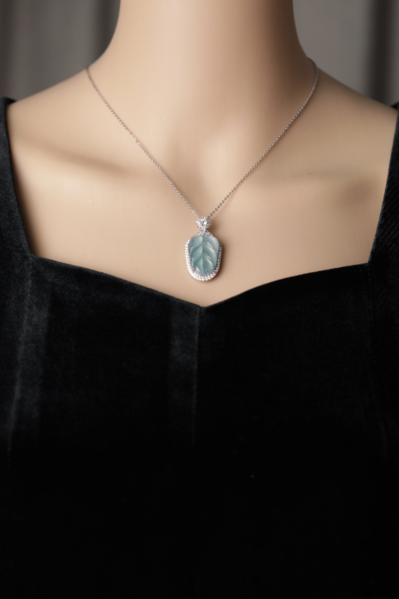 Diamond-Edge Ice Jade Leaf Pendant Necklace