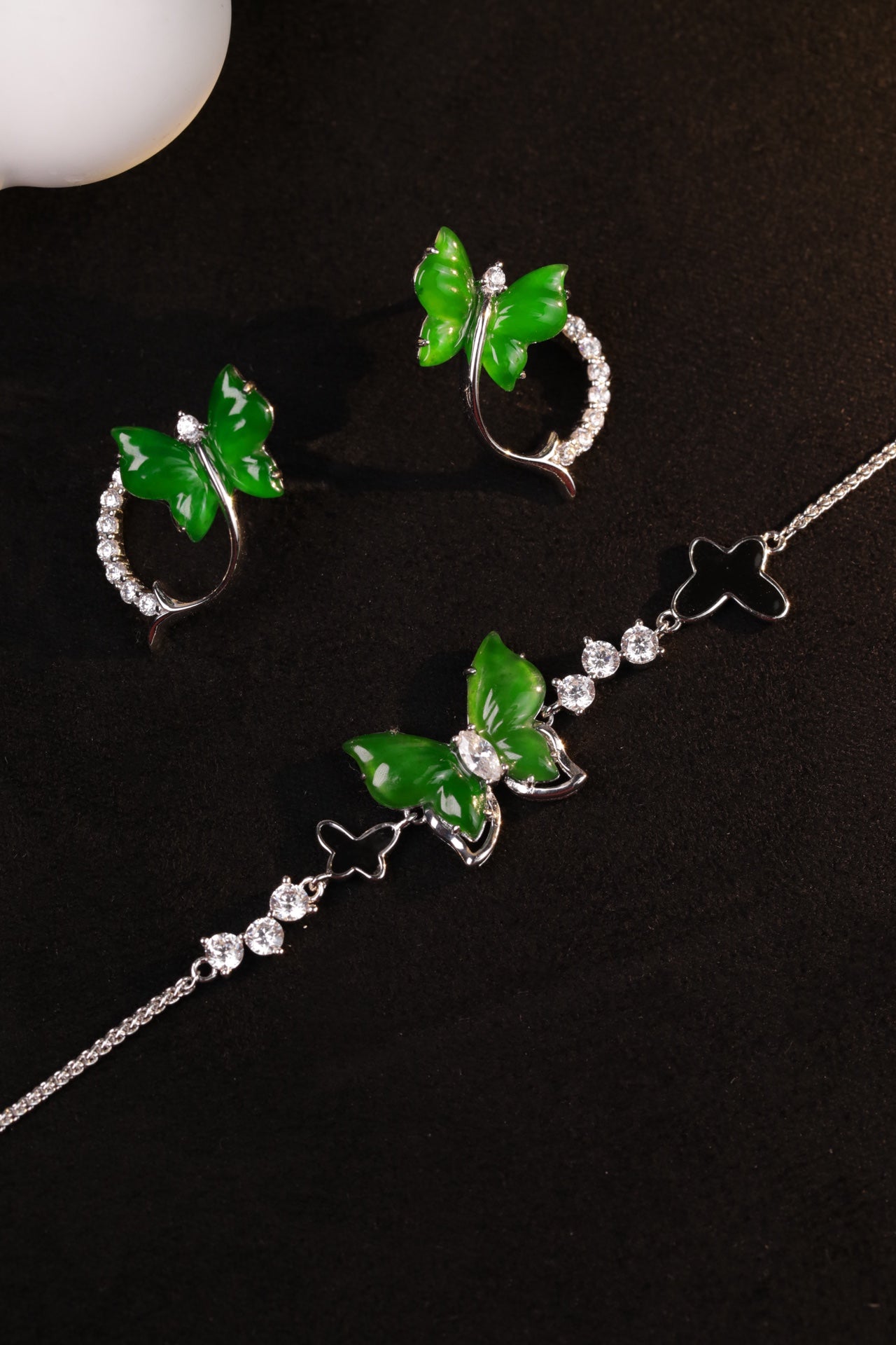 Flower Butterfly Feather Set S925 Silver Jade