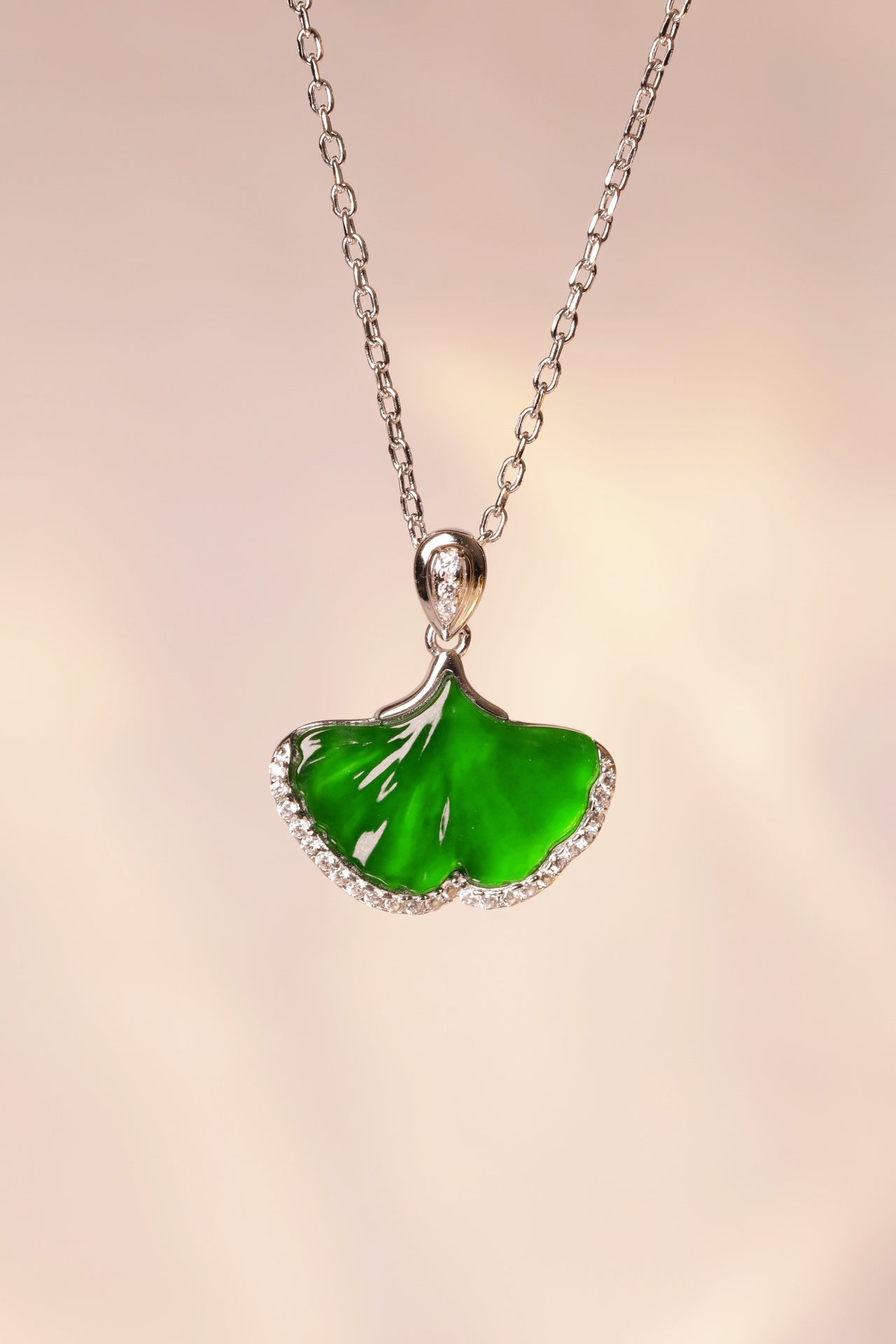 Diamond-Set Apricot Leaf Fairy Pendant Necklace