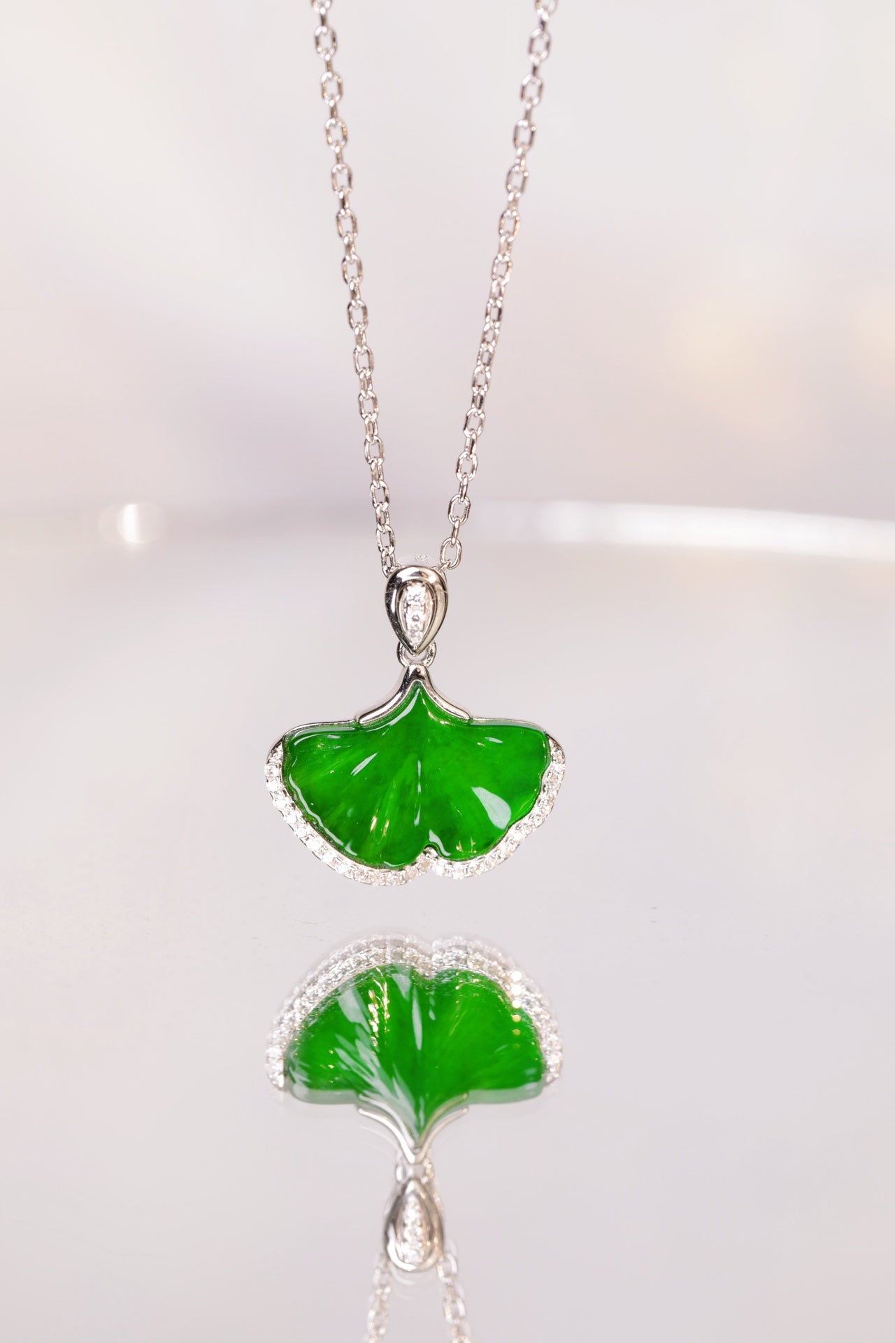 Diamond-Set Apricot Leaf Fairy Pendant Necklace