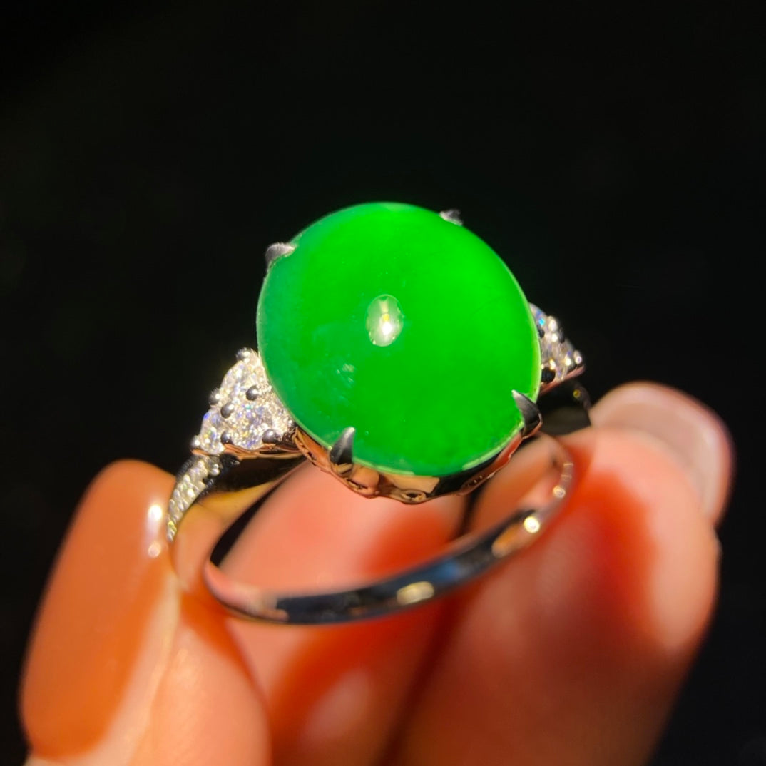 18K South African Diamond Cabochon Ring Jade